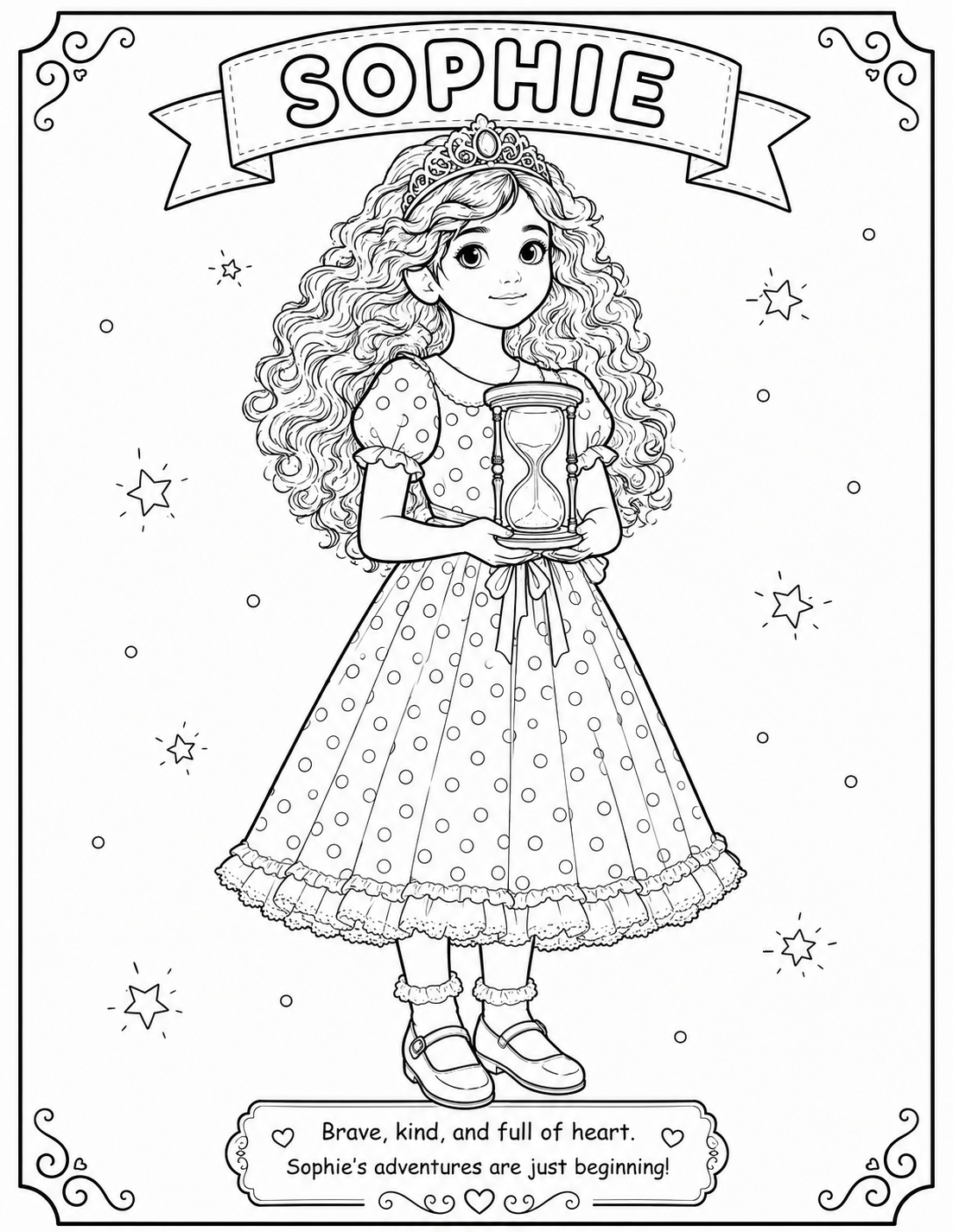 Printable Sophie coloring page from the Sophie Glendale children's fantasy adventure series. Features Sophie with her magical hourglass in a fun black-and-white coloring activity.