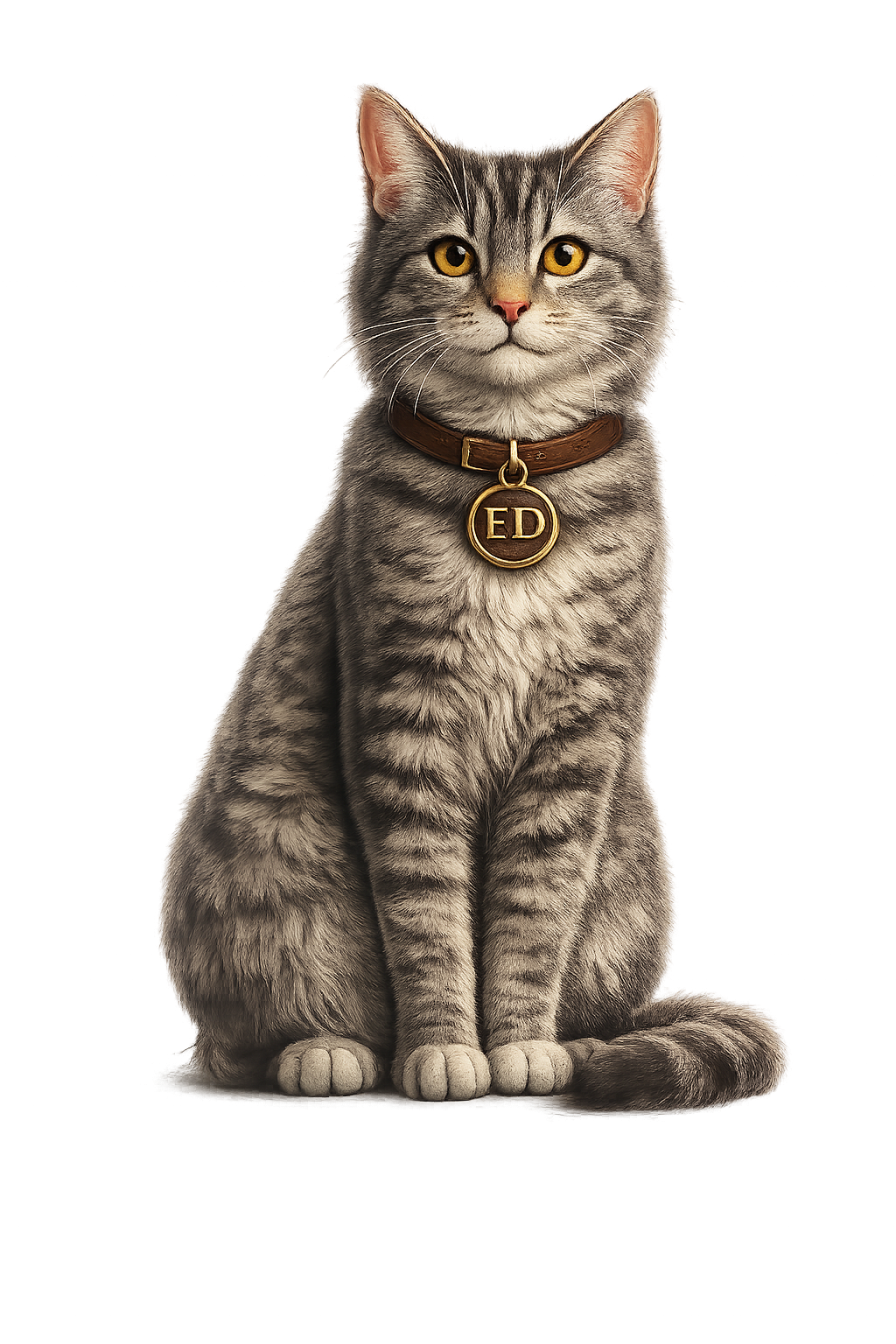 Ed, the loyal gray cat from the Sophie Glendale children's fantasy adventure series, wearing his signature collar engraved "ED."
