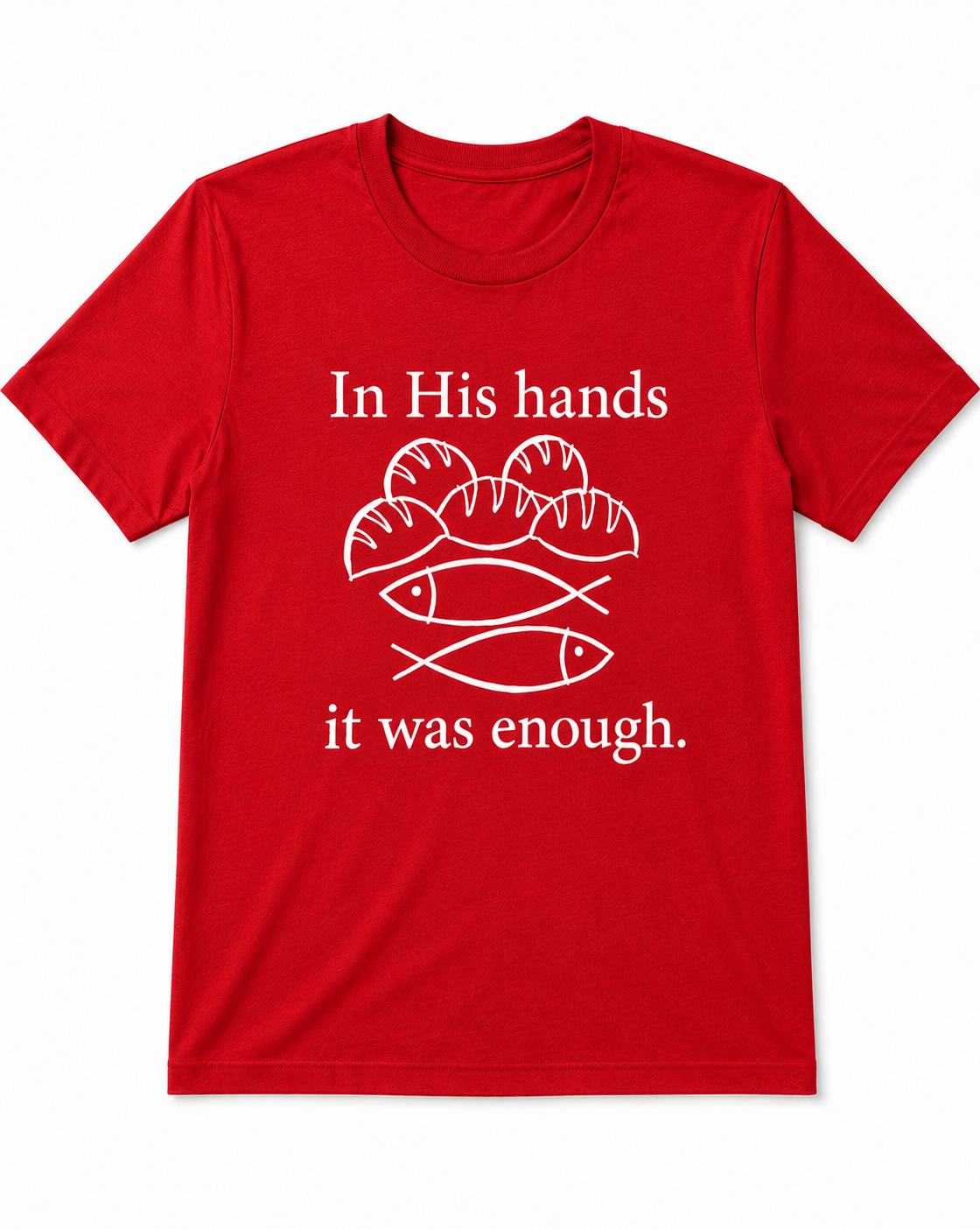 Red Christian T-shirt featuring the "Fishes & Loaves" design inspired by Matthew 14:13–21, reminding believers that Jesus can multiply even the smallest offering for His glory.