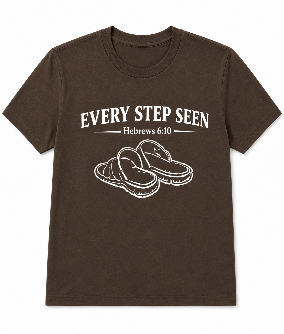 Dark Brown Christian T-shirt featuring the “Every Step Seen” design, reminding believers that God sees, knows, and walks with them through every step of life.