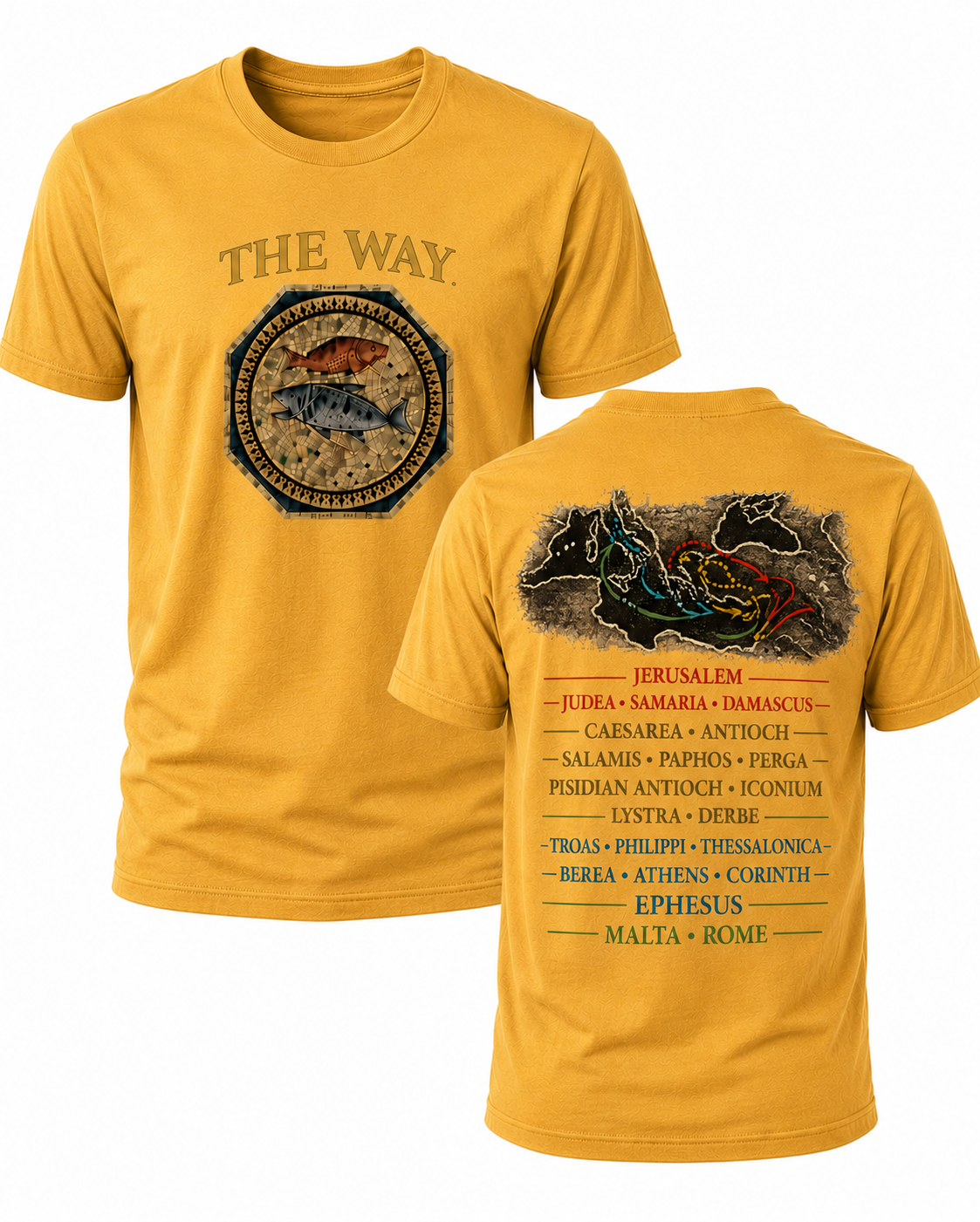 Mustard Christian T-shirt featuring "The Way" design inspired by John 14:6, highlighting the Apostle Paul's missionary journeys and proclaiming Jesus as the only way to the Father.