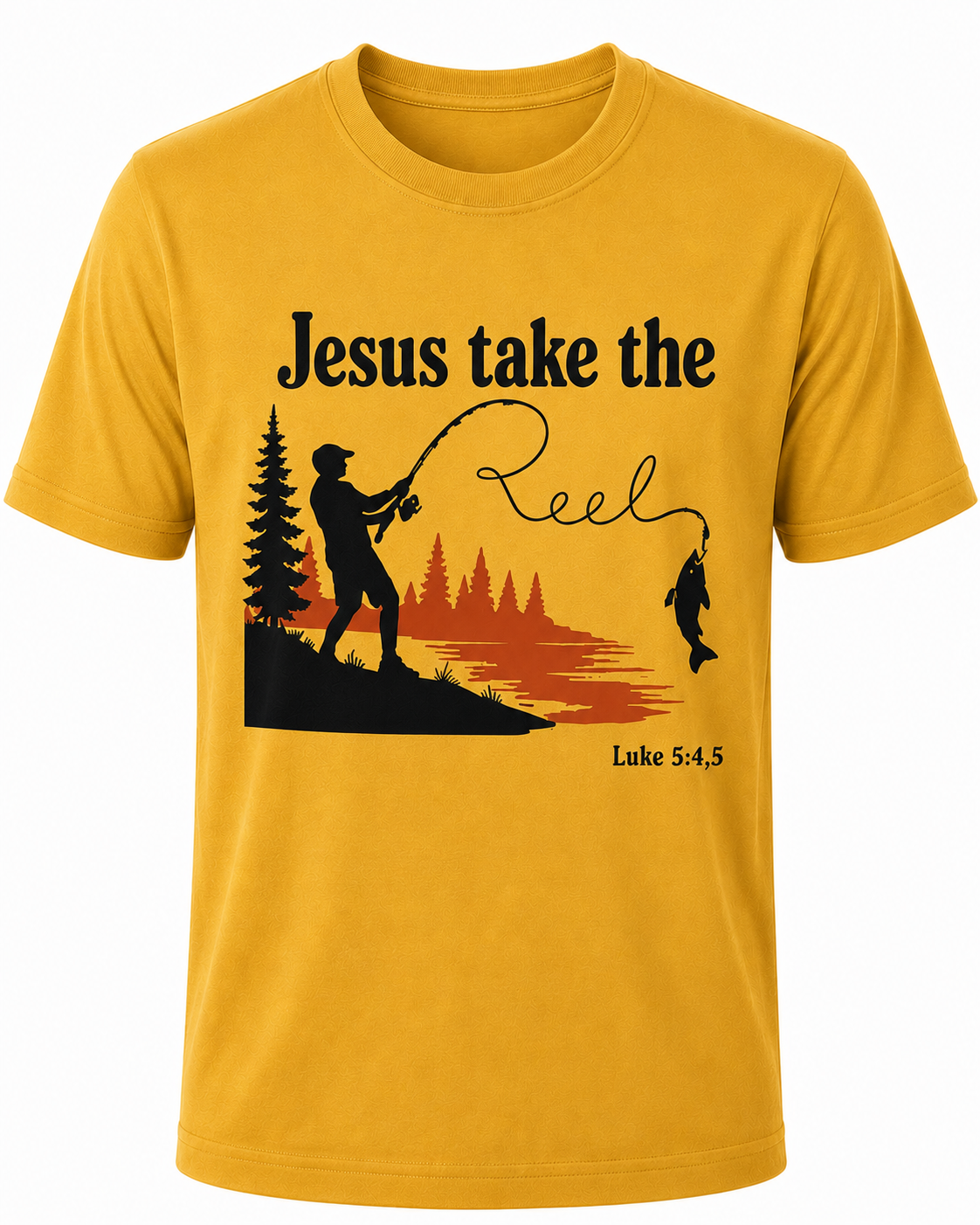 Mustard Christian T-shirt featuring the "Jesus Take the Reel" design, encouraging believers to honor Christ in every aspect of life, including what they watch and share.