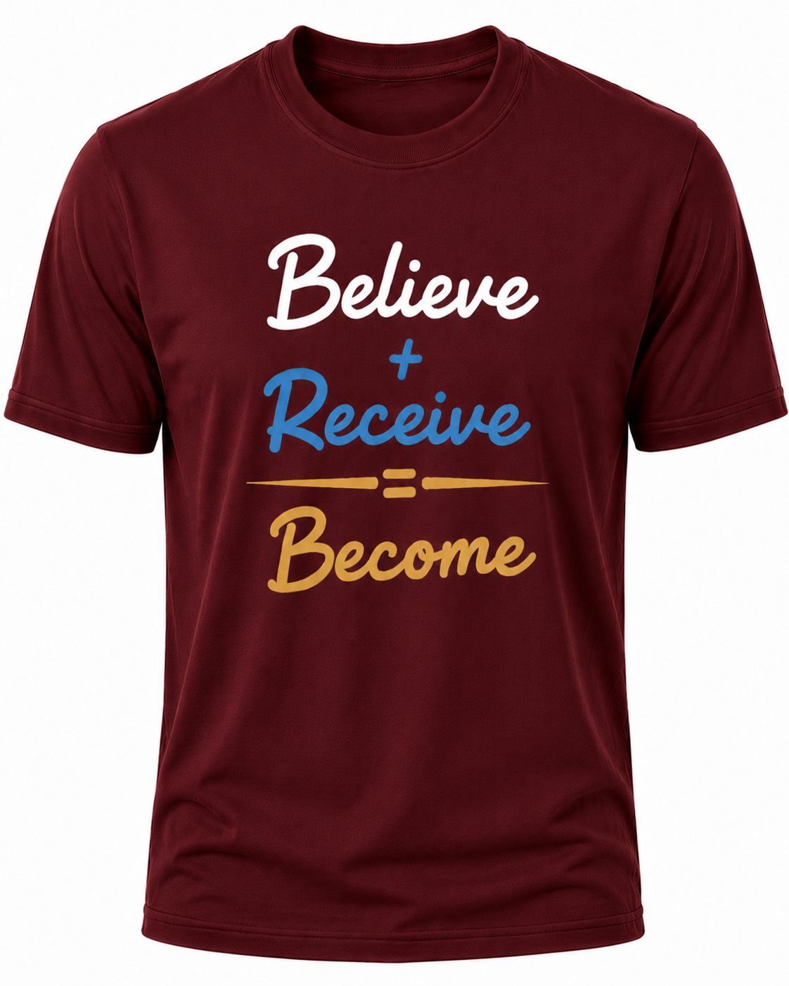 Dark Red Christian T-shirt featuring the "Believe. Receive. Become." design inspired by Scripture, encouraging believers to trust God's promises and grow in their faith.