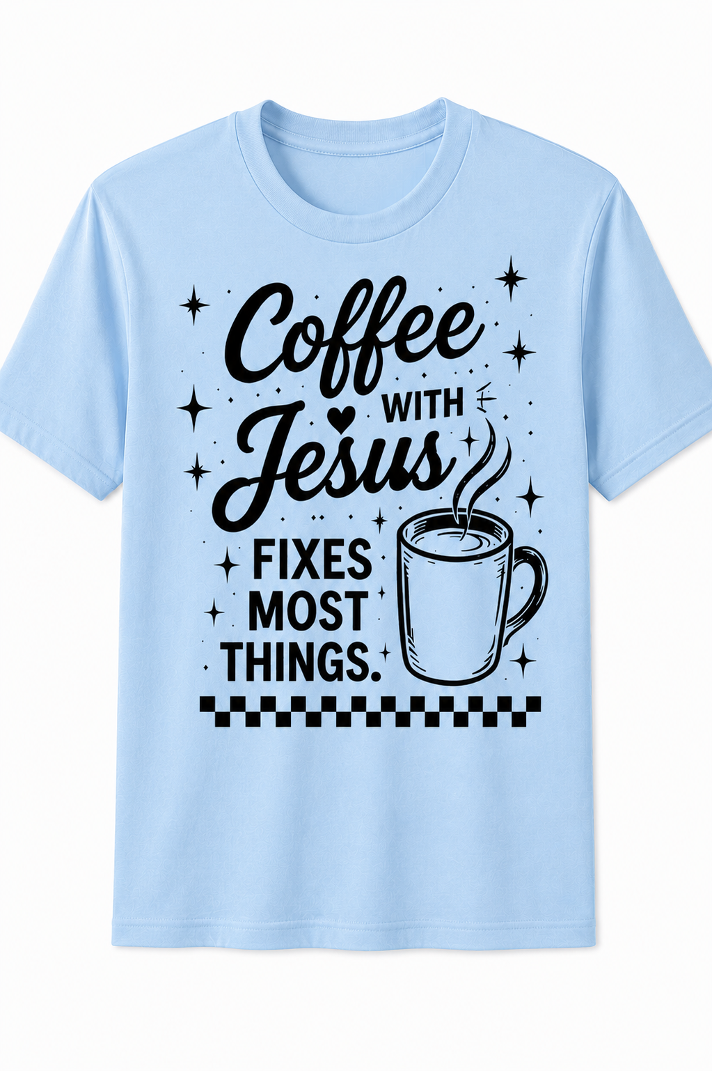 Light Blue Christian T-shirt featuring the "Coffee with Jesus" design inspired by Luke 10:39–42, encouraging believers to slow down and spend intentional time with Jesus each day.