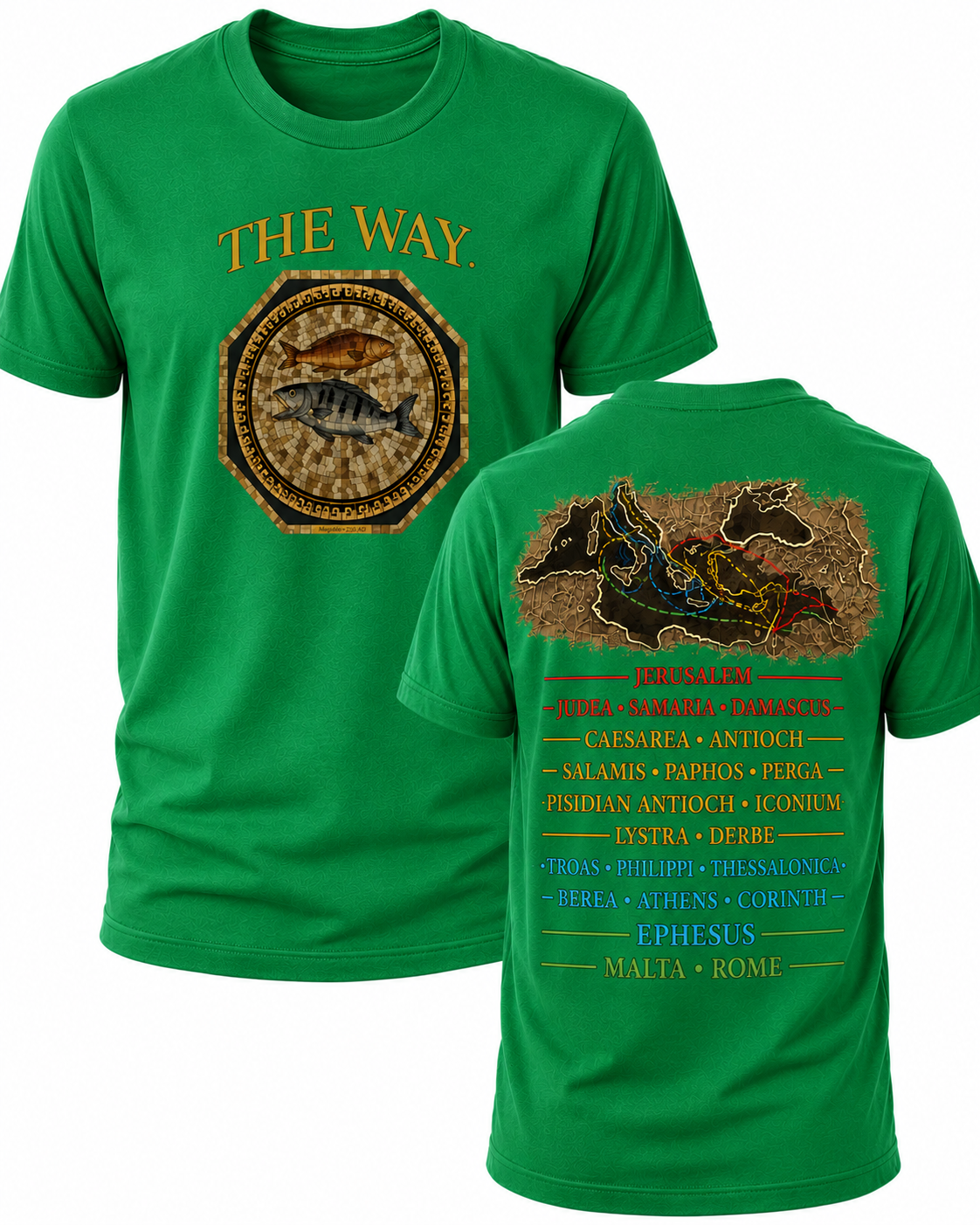 Green Christian T-shirt featuring "The Way" design inspired by John 14:6, highlighting the Apostle Paul's missionary journeys and proclaiming Jesus as the only way to the Father.