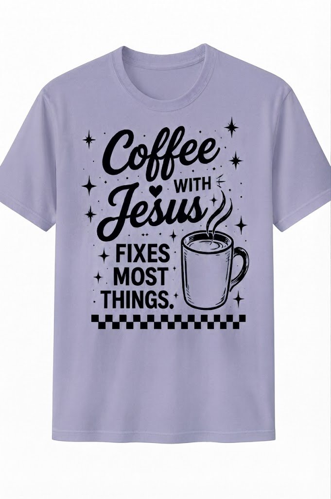 Light Purple Christian T-shirt featuring the "Coffee with Jesus" design inspired by Luke 10:39–42, encouraging believers to slow down and spend intentional time with Jesus each day.
