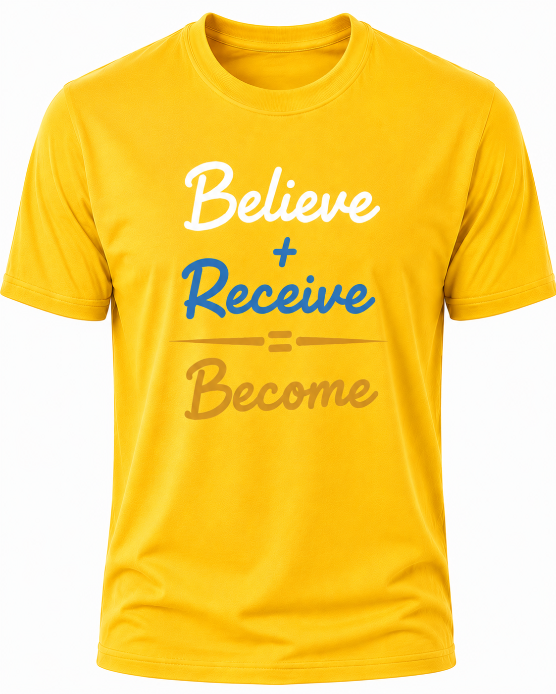 Yellow Christian T-shirt featuring the "Believe. Receive.Become." design inspired by Scripture, encouraging believers to trust God's promises and grow in their faith.