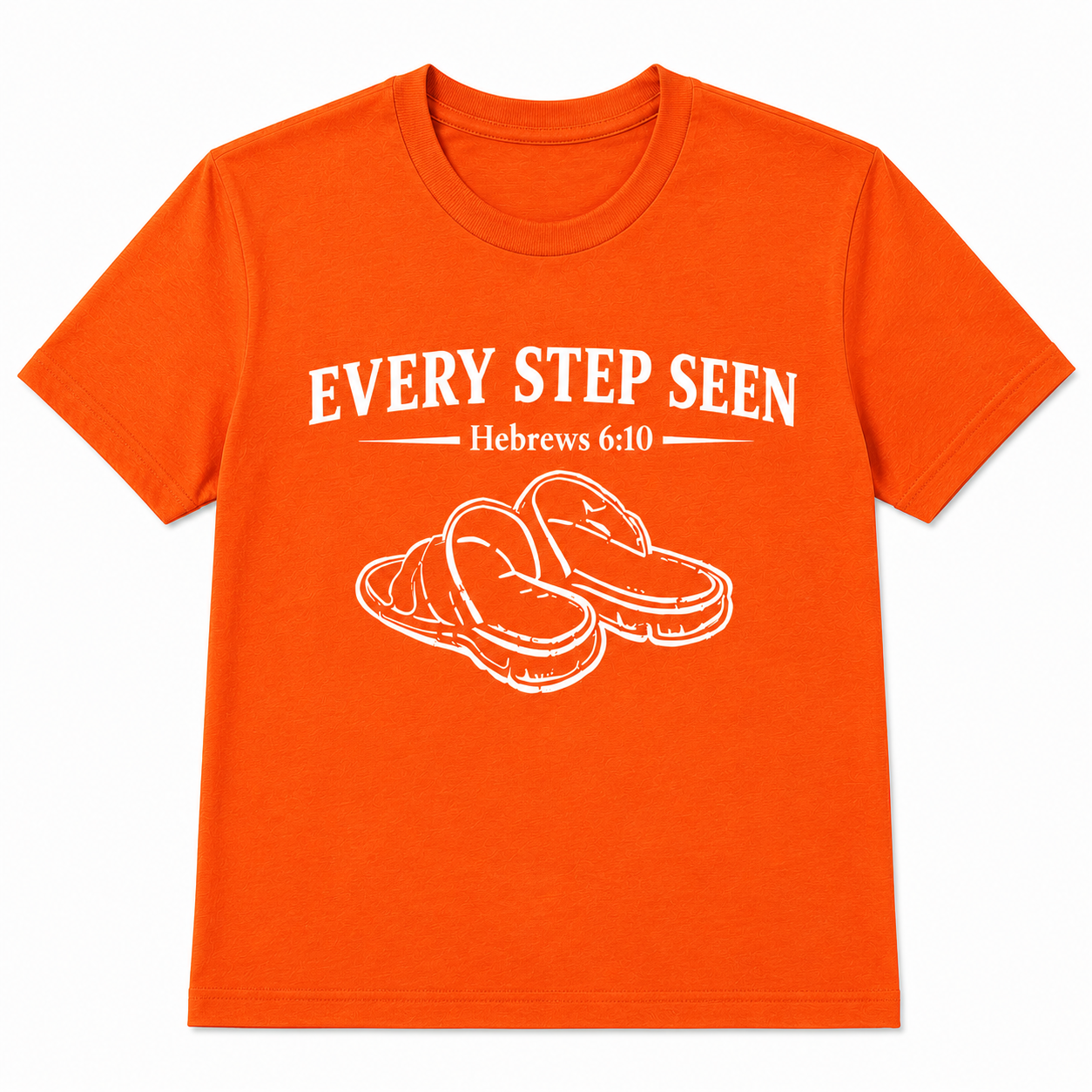Orange Christian T-shirt featuring the “Every Step Seen” design, reminding believers that God sees, knows, and walks with them through every step of life.