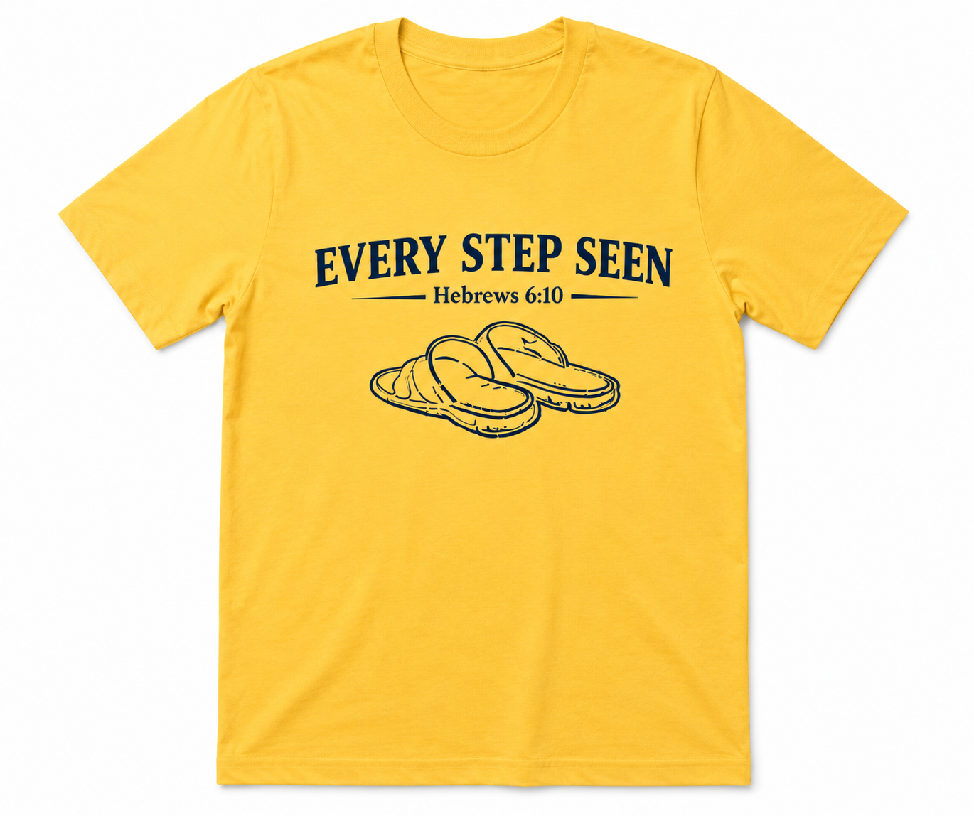Yellow Christian T-shirt featuring the “Every Step Seen” design, reminding believers that God sees, knows, and walks with them through every step of life.