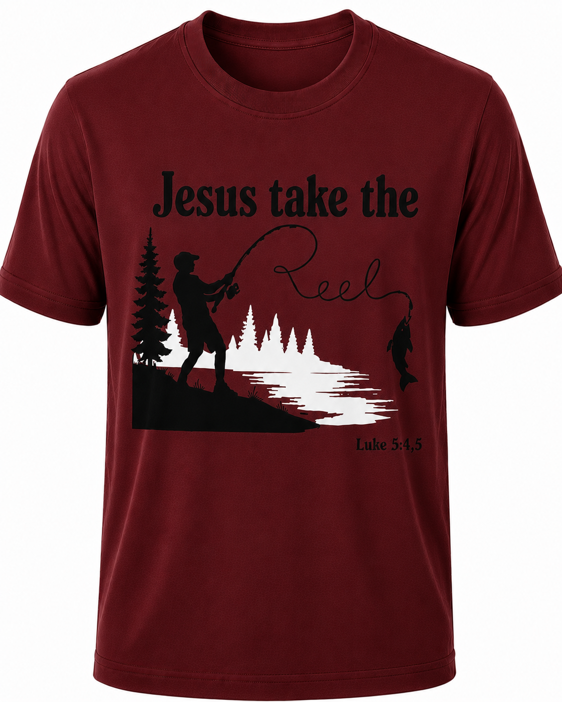 Dark Red Christian T-shirt featuring the "Jesus Take the Reel" design, encouraging believers to honor Christ in every aspect of life, including what they watch and share.