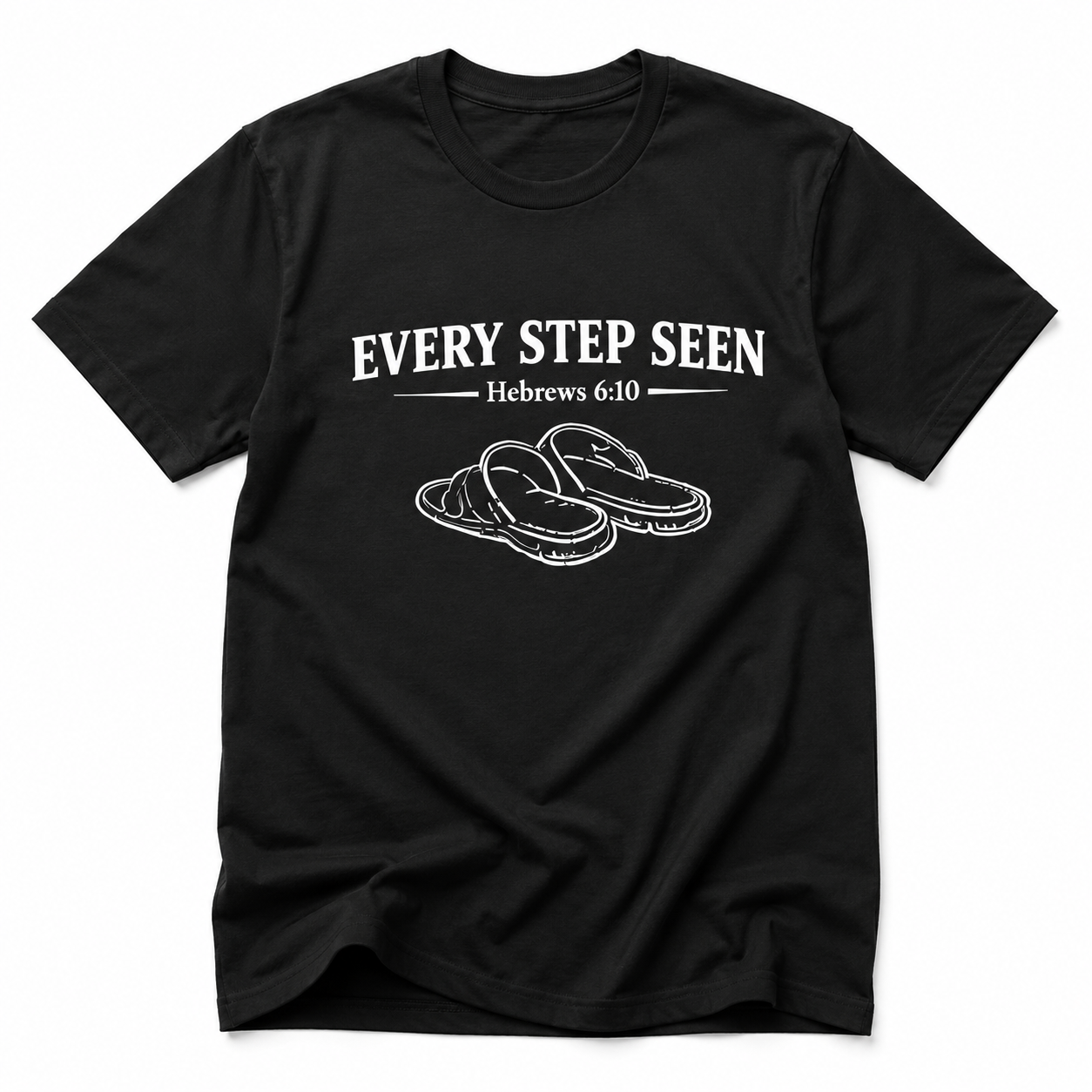 Black Christian T-shirt featuring the “Every Step Seen” design, reminding believers that God sees, knows, and walks with them through every step of life.
