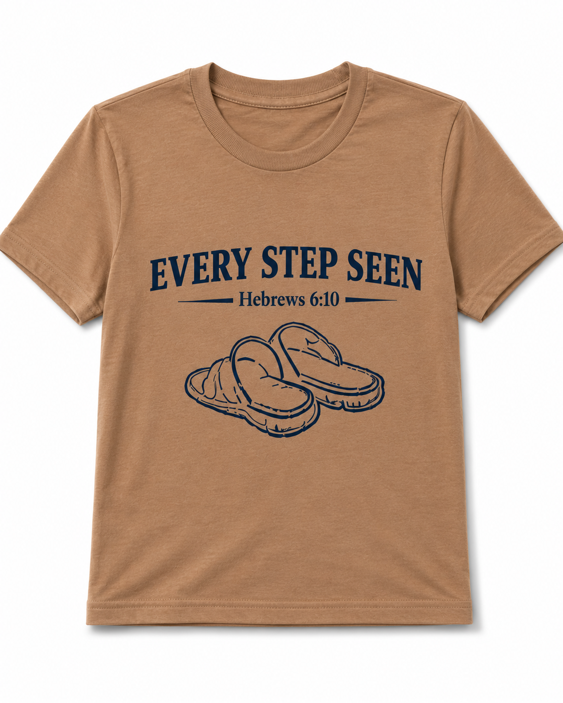 Light Brown Christian T-shirt featuring the “Every Step Seen” design, reminding believers that God sees, knows, and walks with them through every step of life.