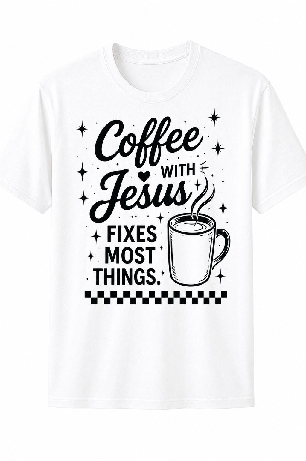 White Christian T-shirt featuring the "Coffee with Jesus" design inspired by Luke 10:39–42, encouraging believers to slow down and spend intentional time with Jesus each day.