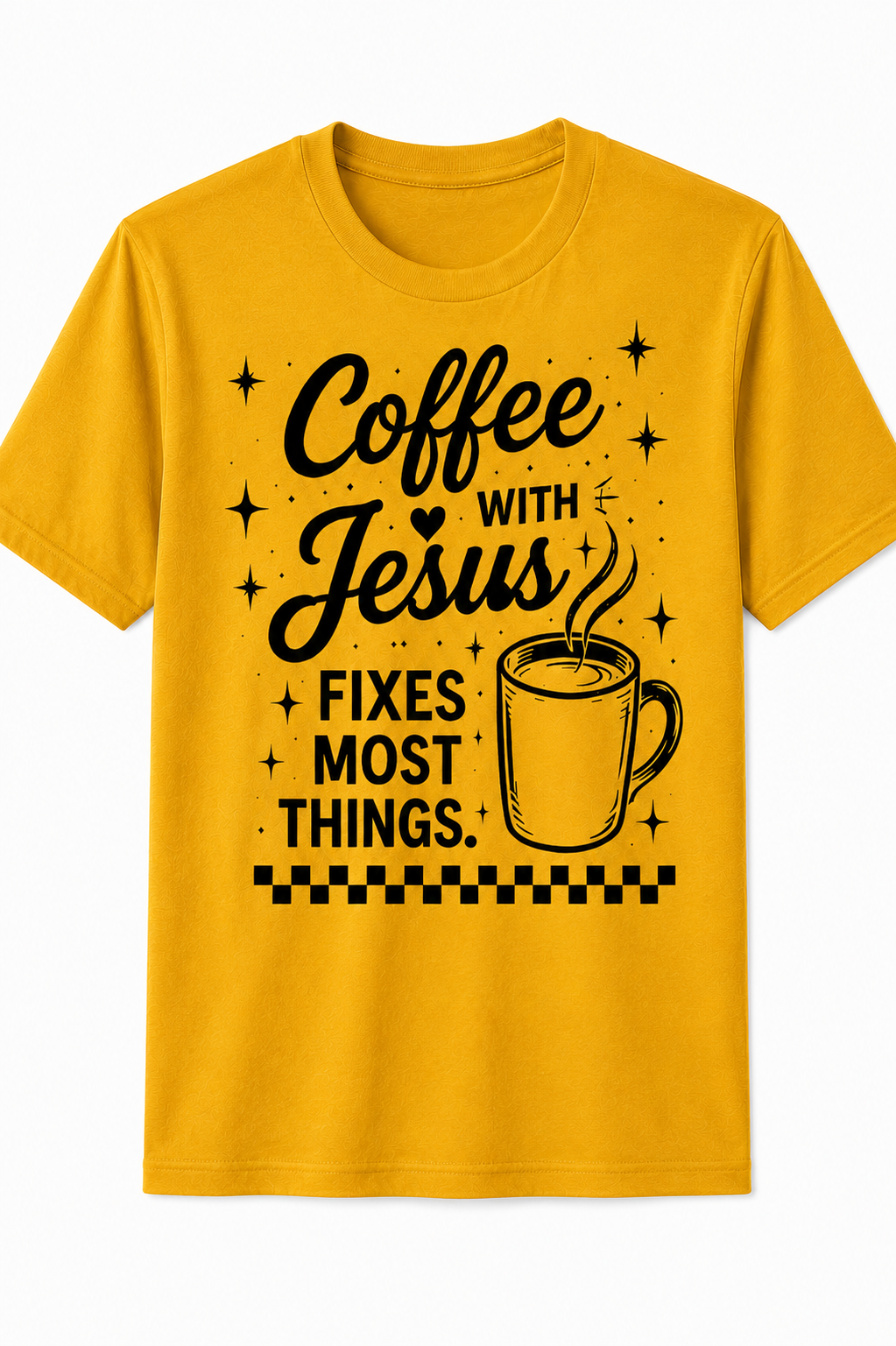 Mustard Christian T-shirt featuring the "Coffee with Jesus" design inspired by Luke 10:39–42, encouraging believers to slow down and spend intentional time with Jesus each day.