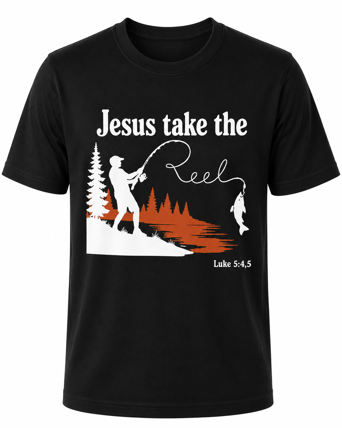 Black Christian T-shirt featuring the "Jesus Take the Reel" design, encouraging believers to honor Christ in every aspect of life, including what they watch and share.