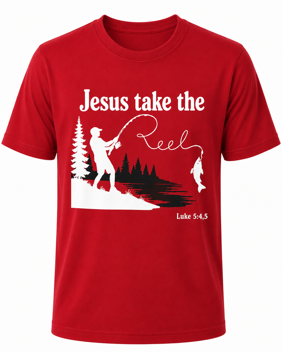 Red Christian T-shirt featuring the "Jesus Take the Reel" design, encouraging believers to honor Christ in every aspect of life, including what they watch and share.