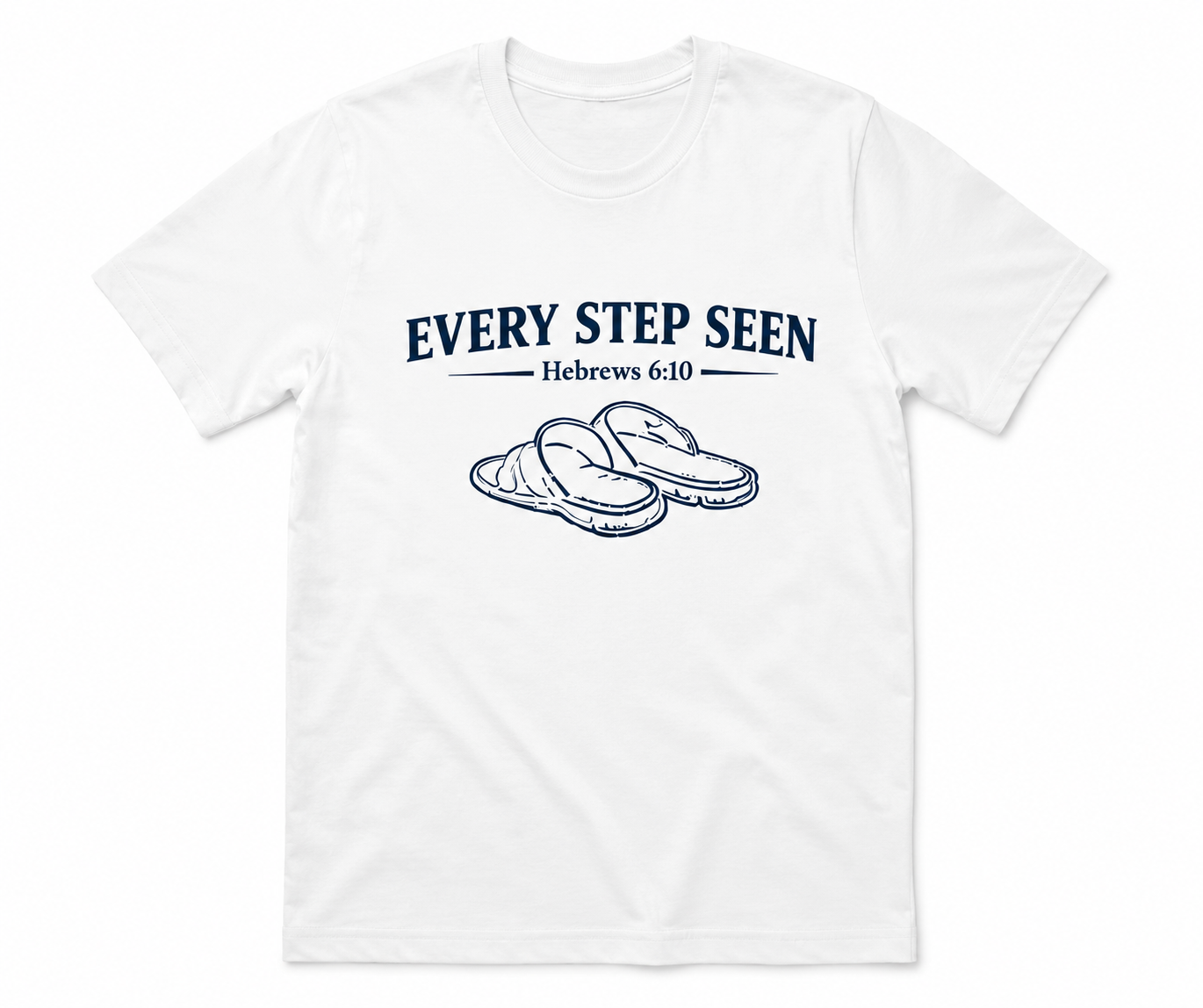 White Christian T-shirt featuring the “Every Step Seen” design, reminding believers that God sees, knows, and walks with them through every step of life.