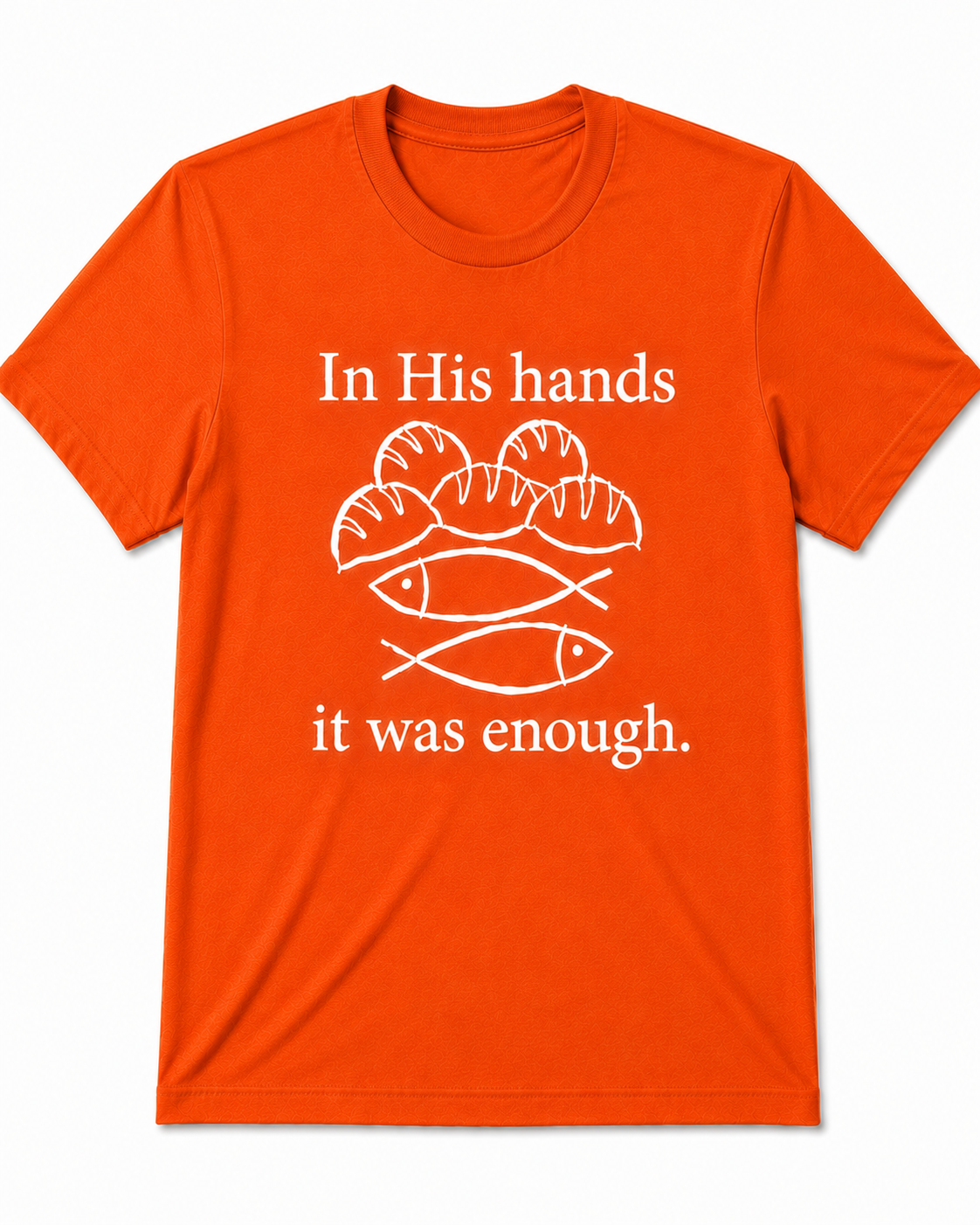 Orange Christian T-shirt featuring the "Fishes & Loaves" design inspired by Matthew 14:13–21, reminding believers that Jesus can multiply even the smallest offering for His glory.