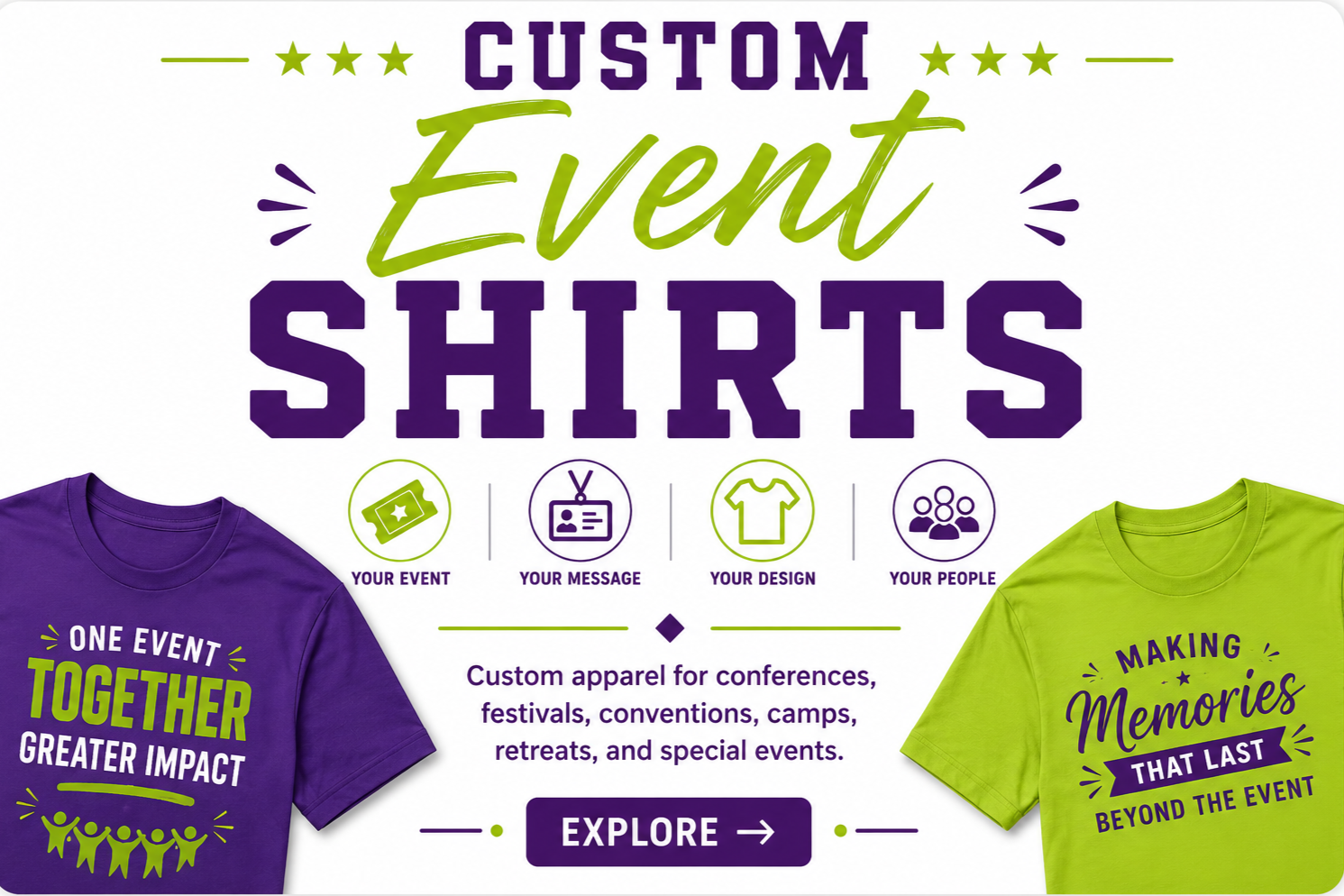 Custom Event Shirts category featuring personalized apparel for conferences, festivals, camps, retreats, and special events.