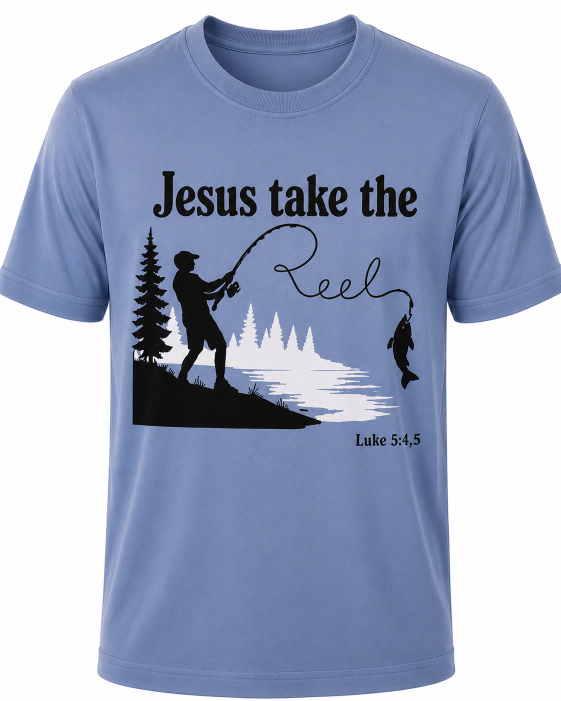 Dusty Blue Christian T-shirt featuring the "Jesus Take the Reel" design, encouraging believers to honor Christ in every aspect of life, including what they watch and share.