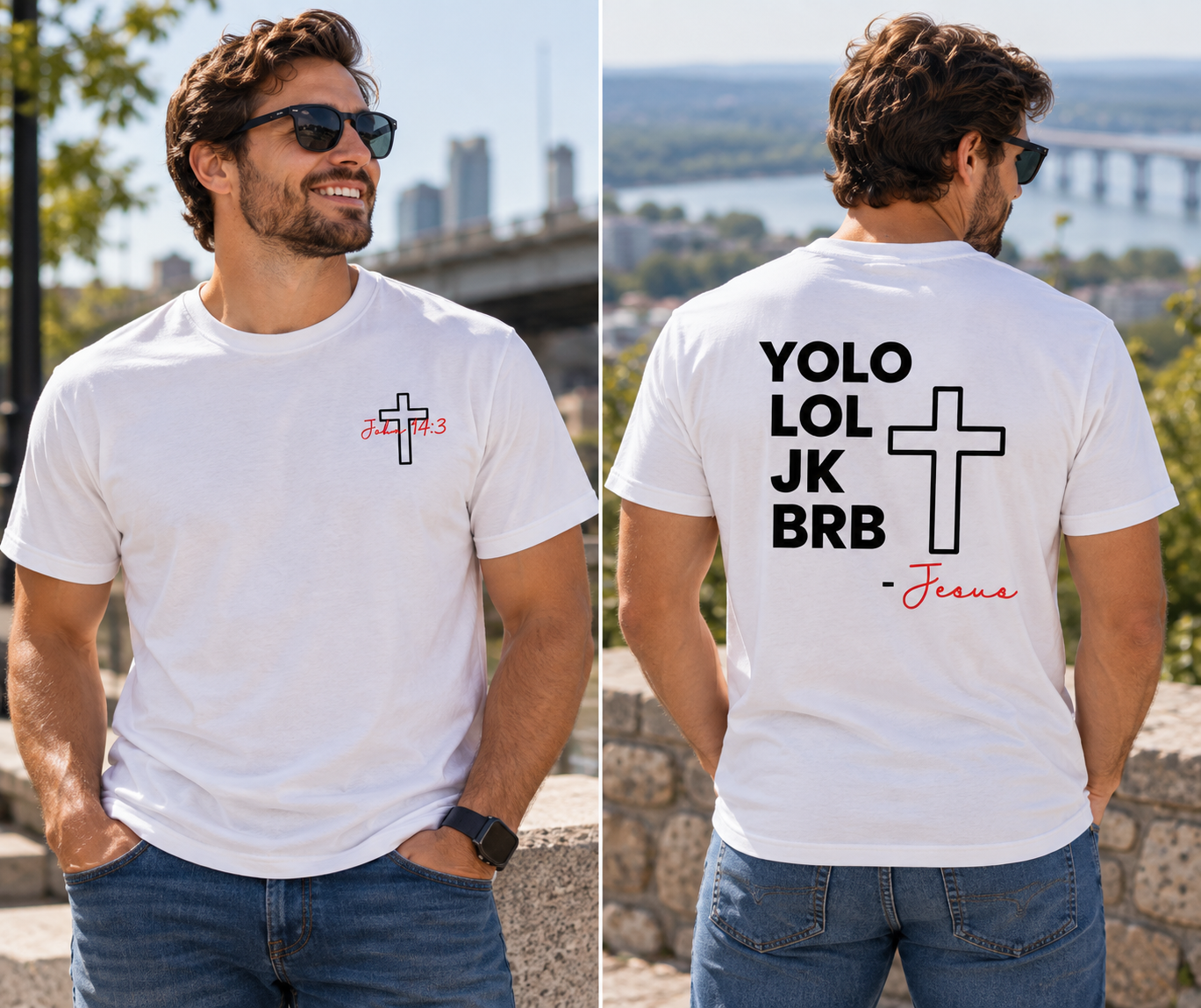 Male model wearing the BRB Jesus Christian T-shirt, displaying the front and back designs from the Chosen & Called Co. Signature Collection.