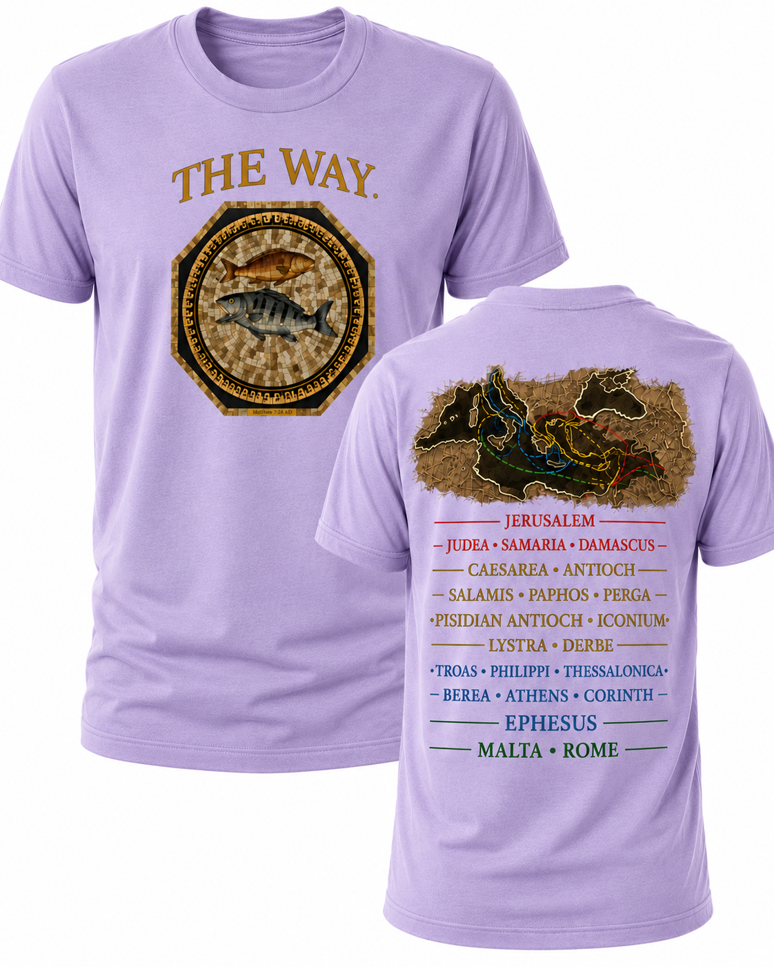 Light Purple Christian T-shirt featuring "The Way" design inspired by John 14:6, highlighting the Apostle Paul's missionary journeys and proclaiming Jesus as the only way to the Father.