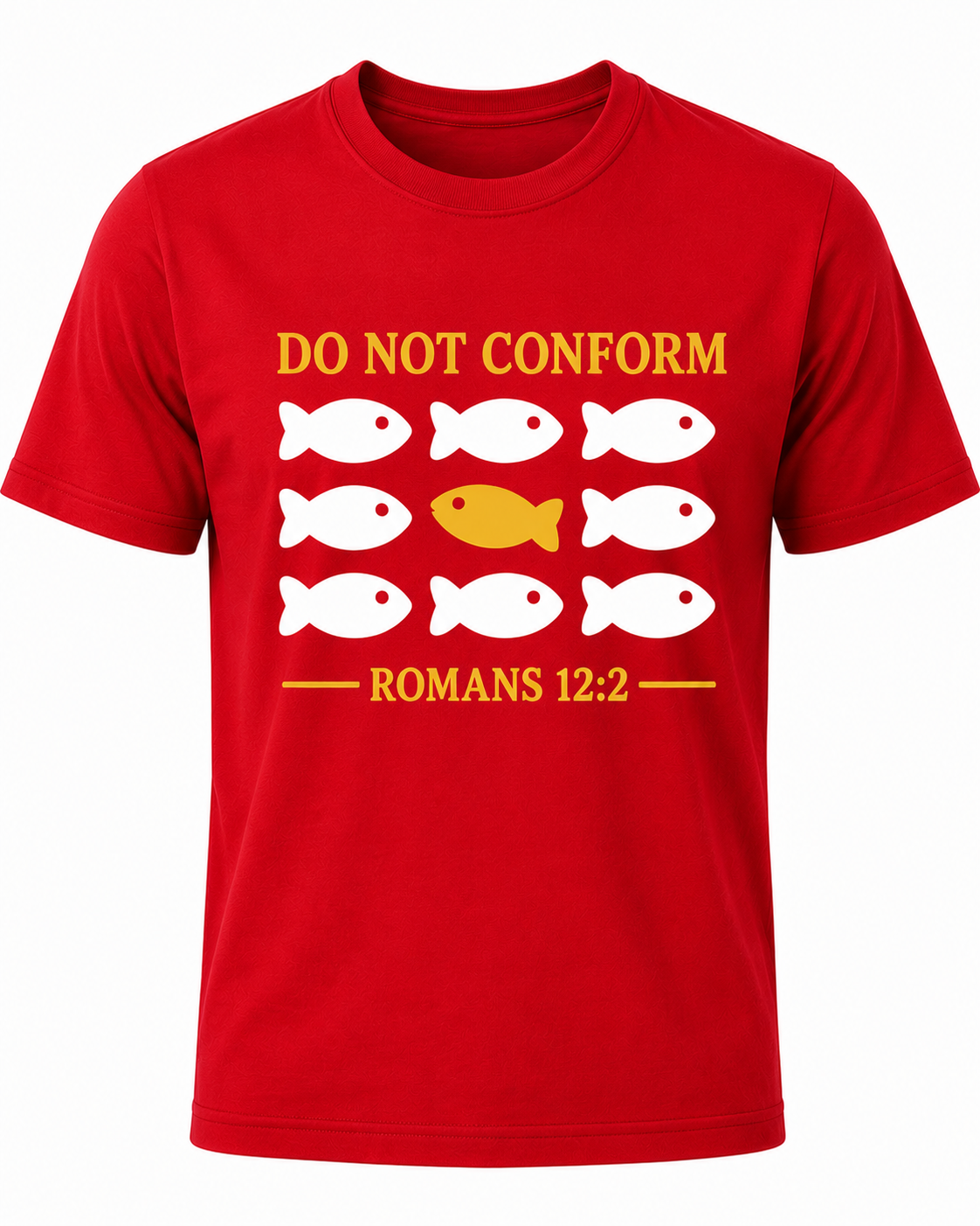 Red Christian T-shirt featuring the "Do Not Conform" design inspired by Romans 12:2, encouraging believers to stand apart from the world and be transformed by the renewing of their minds.