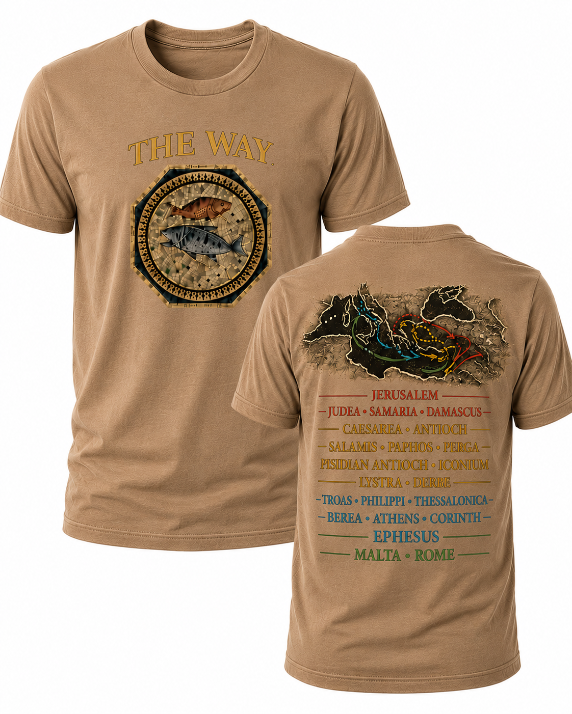 Light Brown Christian T-shirt featuring "The Way" design inspired by John 14:6, highlighting the Apostle Paul's missionary journeys and proclaiming Jesus as the only way to the Father.