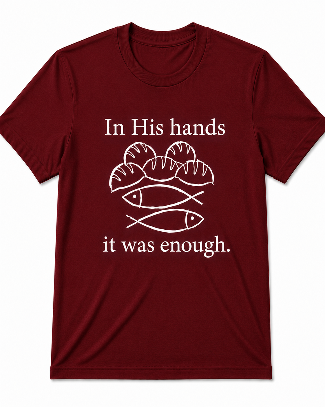 Dark Red Christian T-shirt featuring the "Fishes & Loaves" design inspired by Matthew 14:13–21, reminding believers that Jesus can multiply even the smallest offering for His glory.