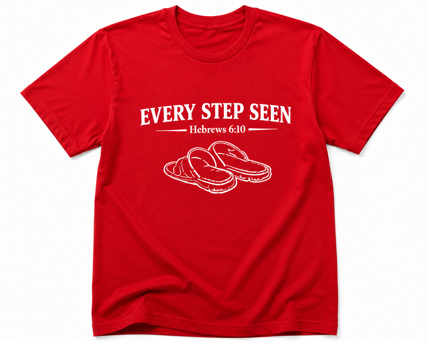 Red Christian T-shirt featuring the “Every Step Seen” design, reminding believers that God sees, knows, and walks with them through every step of life.