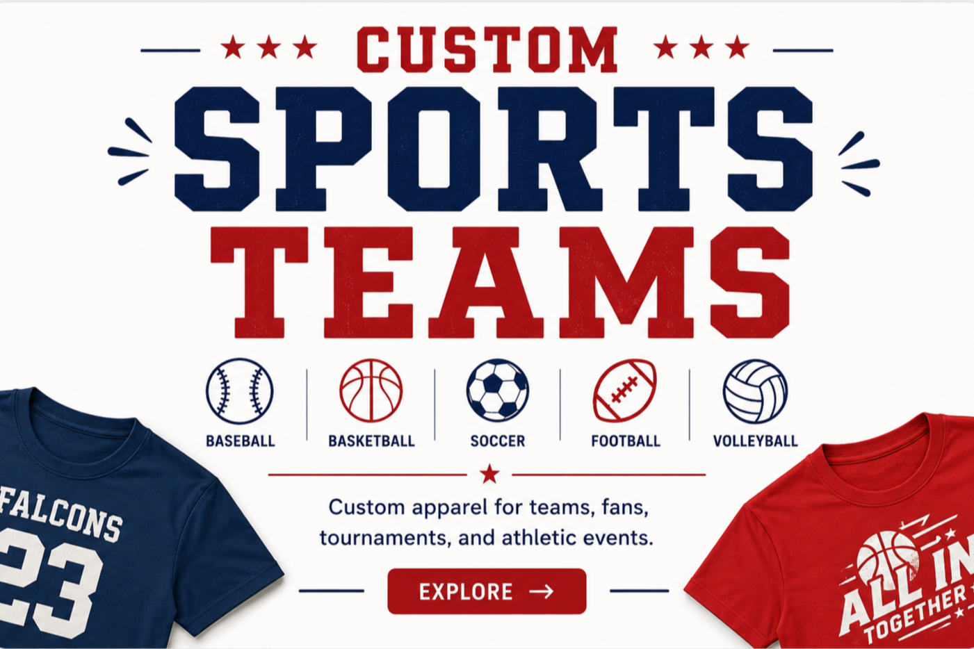Custom Sports Team Shirts category featuring personalized apparel for teams, fans, tournaments, and athletic events.