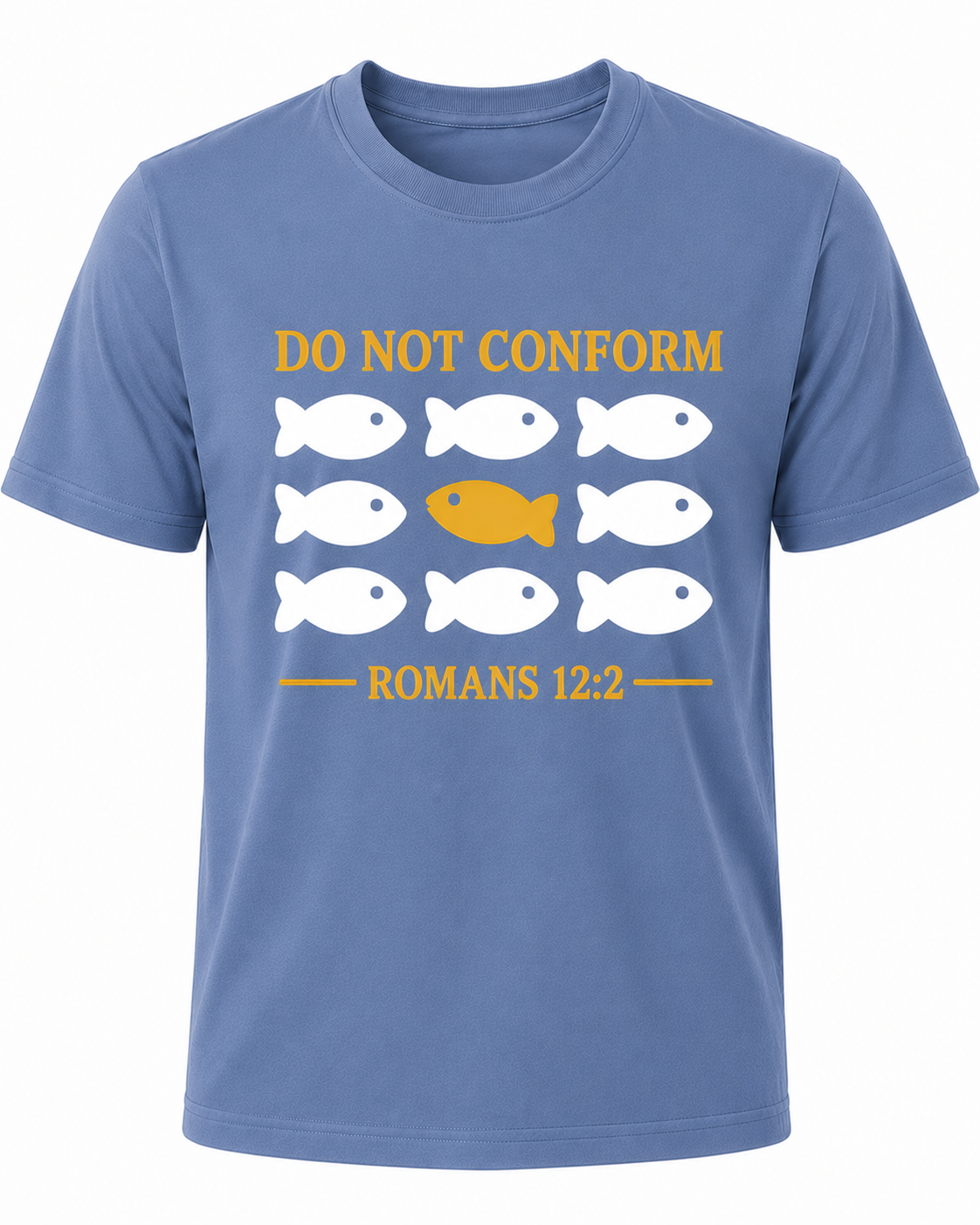 Dusty Blue Christian T-shirt featuring the "Do Not Conform" design inspired by Romans 12:2, encouraging believers to stand apart from the world and be transformed by the renewing of their minds.