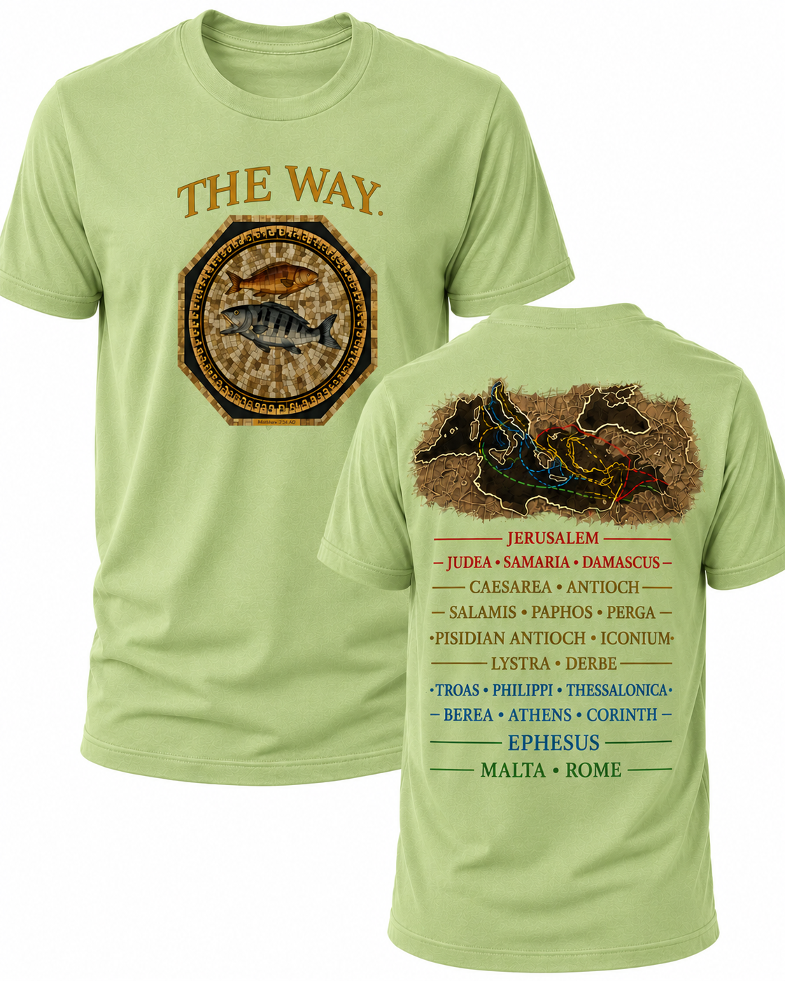 Light Green Christian T-shirt featuring "The Way" design inspired by John 14:6, highlighting the Apostle Paul's missionary journeys and proclaiming Jesus as the only way to the Father.