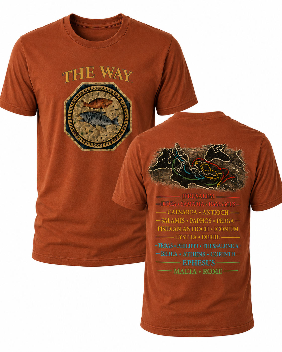 Rust Christian T-shirt featuring "The Way" design inspired by John 14:6, highlighting the Apostle Paul's missionary journeys and proclaiming Jesus as the only way to the Father.