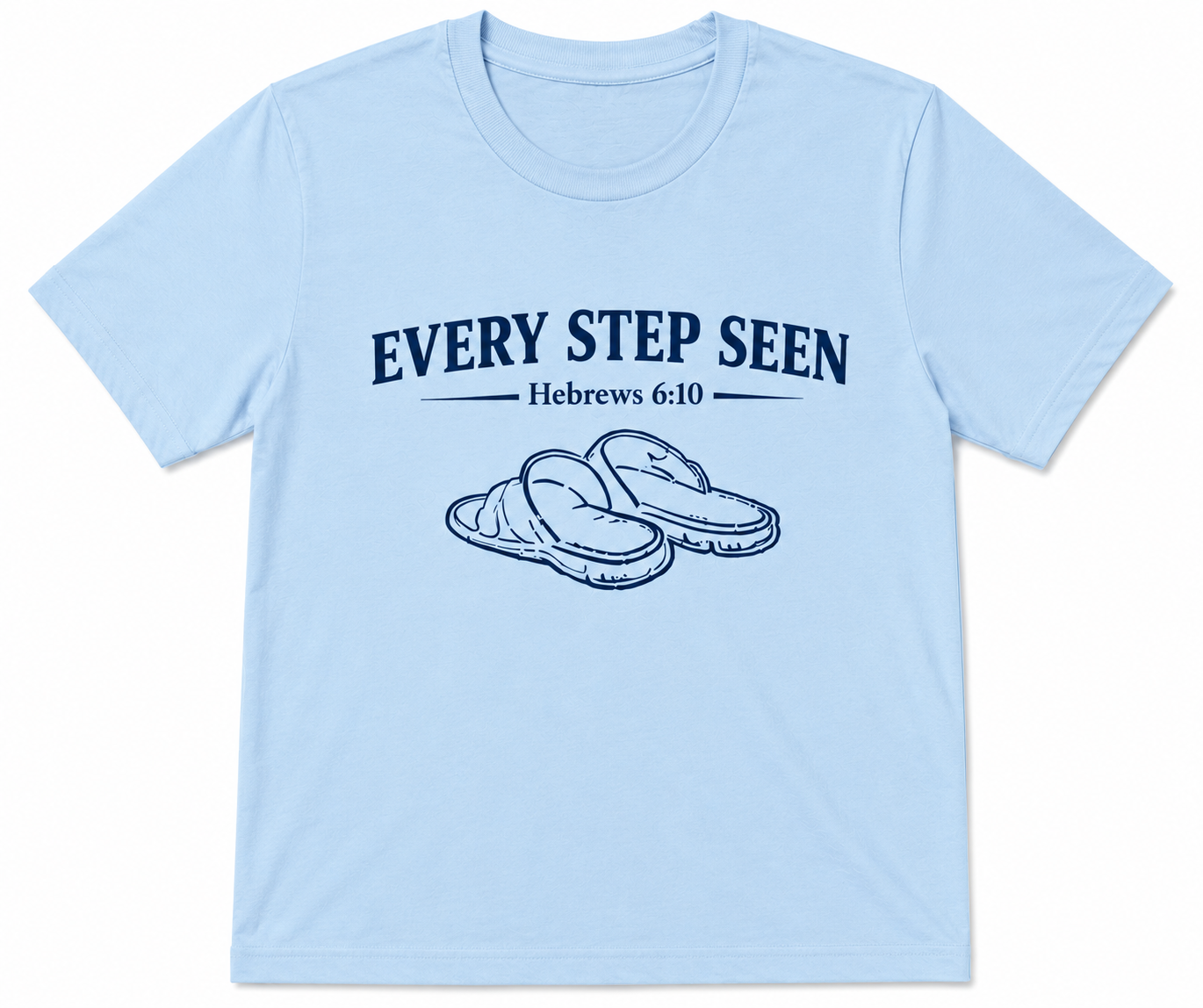 Light Blue Christian T-shirt featuring the “Every Step Seen” design, reminding believers that God sees, knows, and walks with them through every step of life.