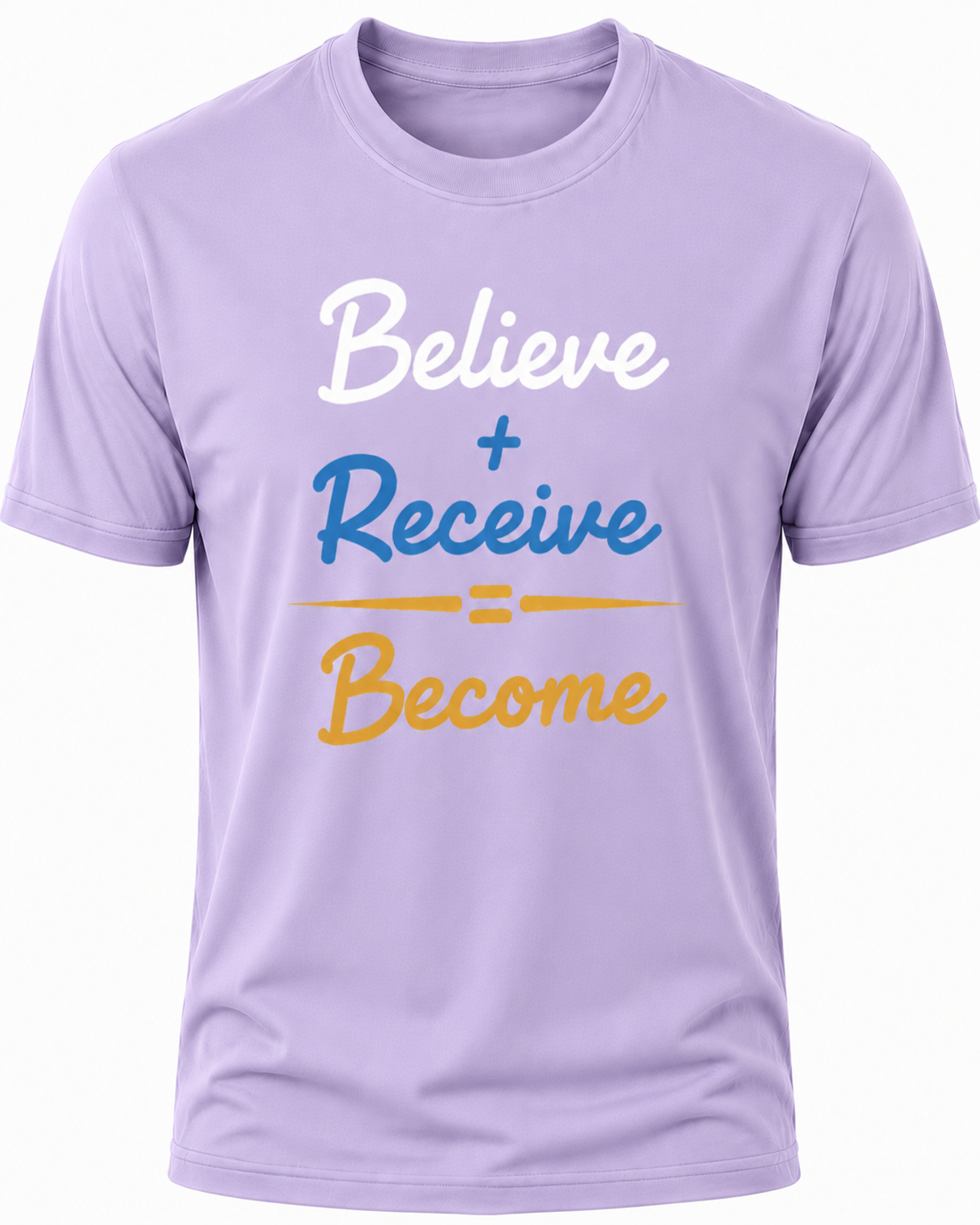 Light Purple Christian T-shirt featuring the "Believe. Receive. Become." design inspired by Scripture, encouraging believers to trust God's promises and grow in their faith.