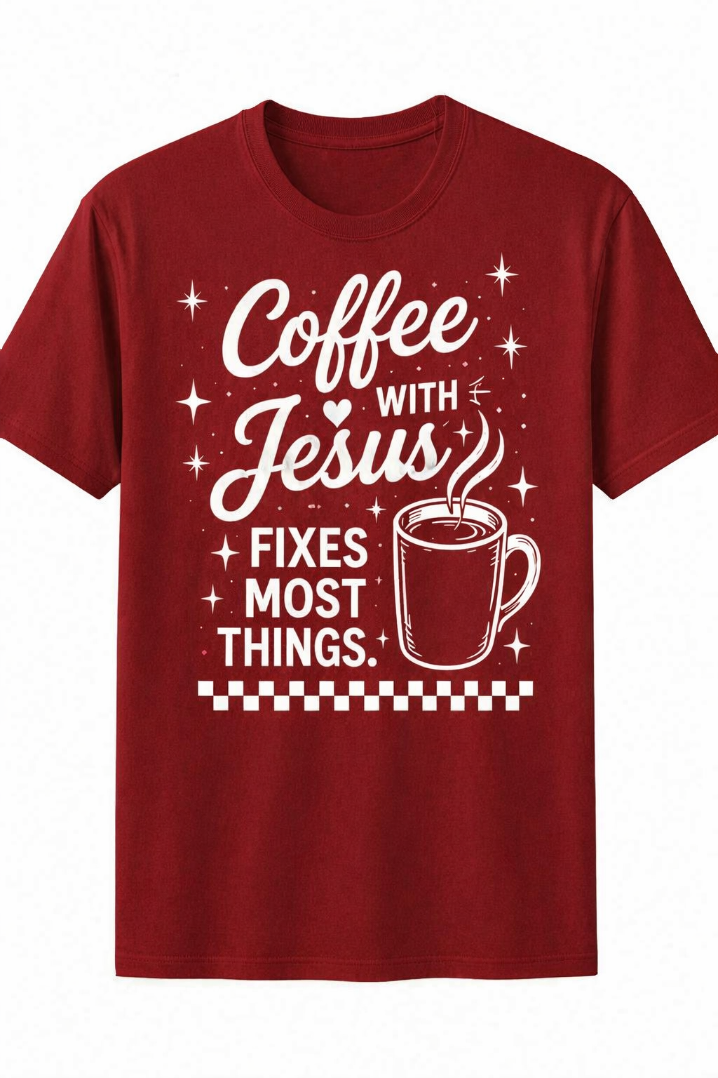 Dark Red Christian T-shirt featuring the "Coffee with Jesus" design inspired by Luke 10:39–42, encouraging believers to slow down and spend intentional time with Jesus each day.