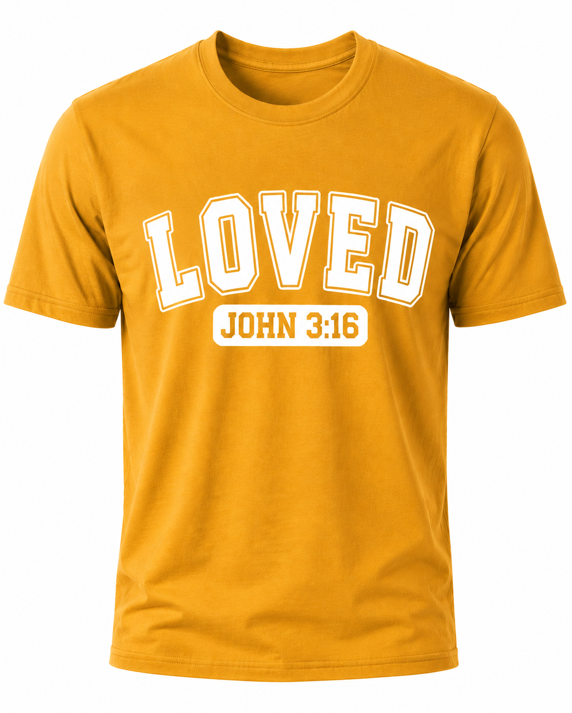 Mustard Christian T-shirt featuring the "LOVED" design inspired by John 3:16, reminding believers that God's love was demonstrated through the gift of His Son, Jesus Christ.