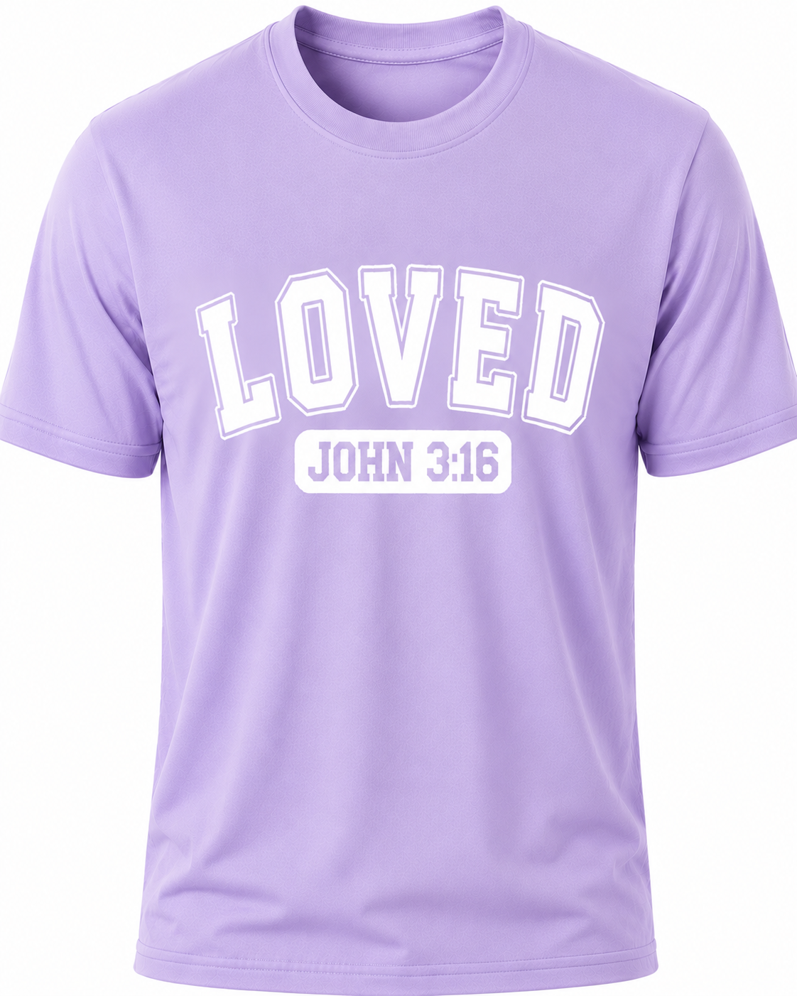 Light Purple Christian T-shirt featuring the "LOVED" design inspired by John 3:16, reminding believers that God's love was demonstrated through the gift of His Son, Jesus Christ.