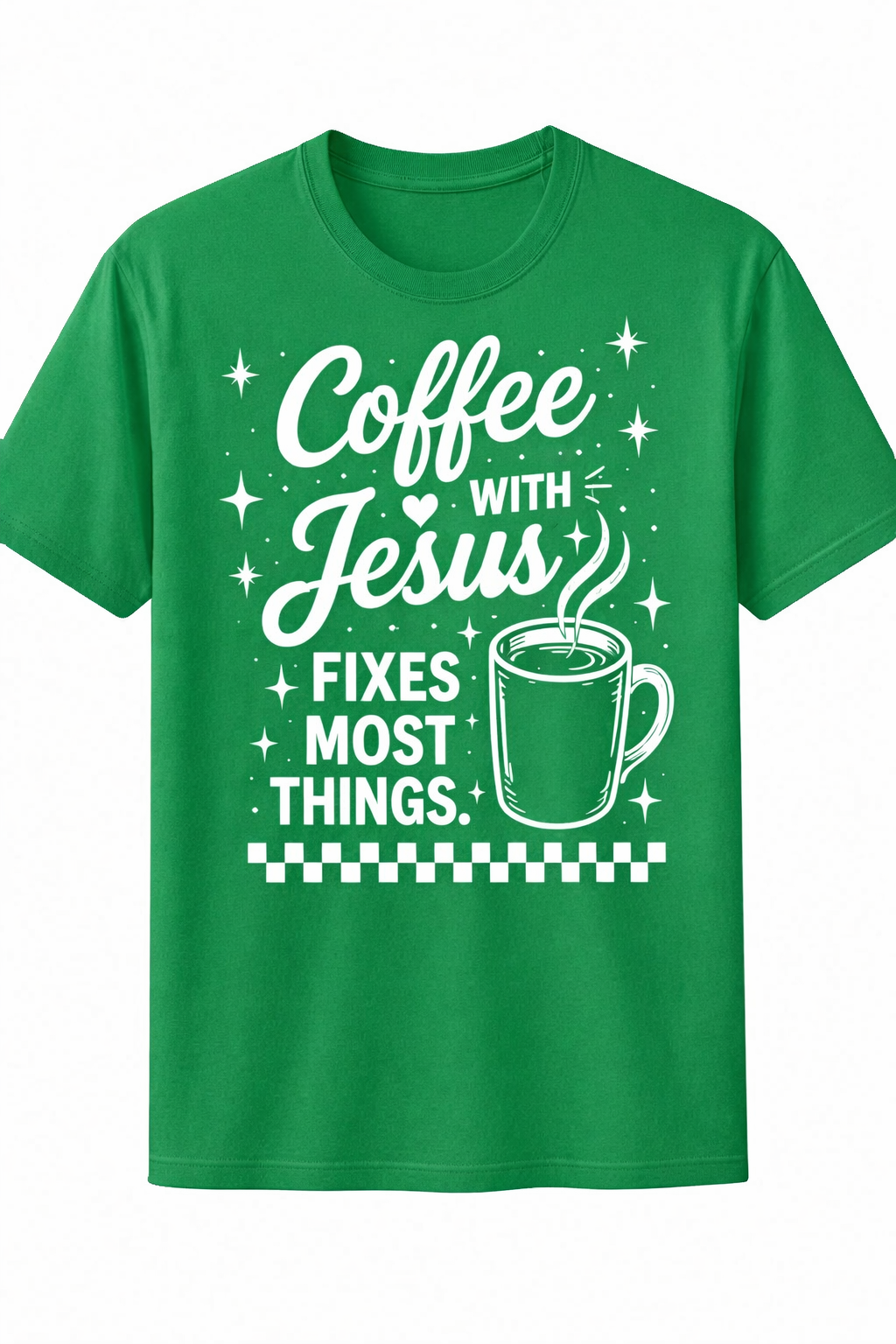 Green Christian T-shirt featuring the "Coffee with Jesus" design inspired by Luke 10:39–42, encouraging believers to slow down and spend intentional time with Jesus each day.