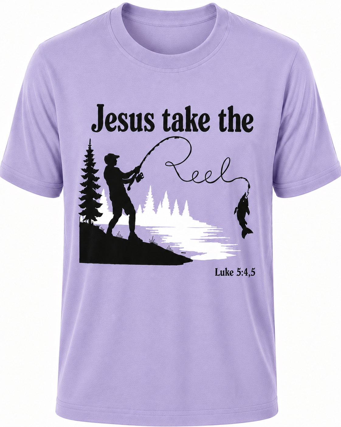 Light Purple Christian T-shirt featuring the "Jesus Take the Reel" design, encouraging believers to honor Christ in every aspect of life, including what they watch and share.