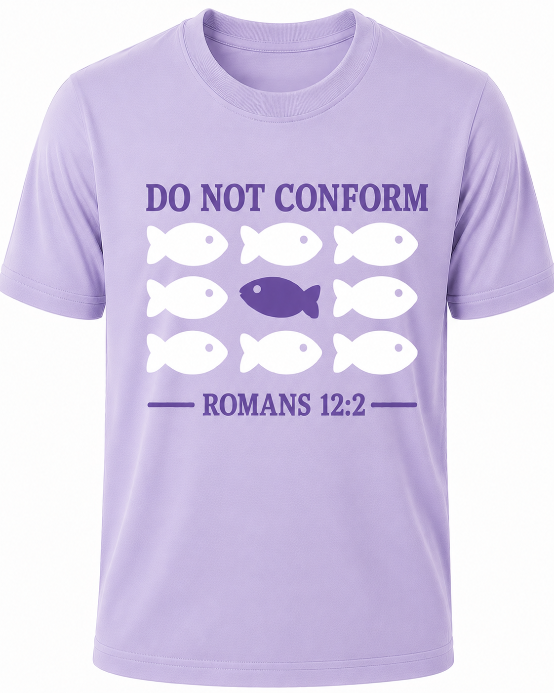 Light Purple Christian T-shirt featuring the "Do Not Conform" design inspired by Romans 12:2, encouraging believers to stand apart from the world and be transformed by the renewing of their minds.