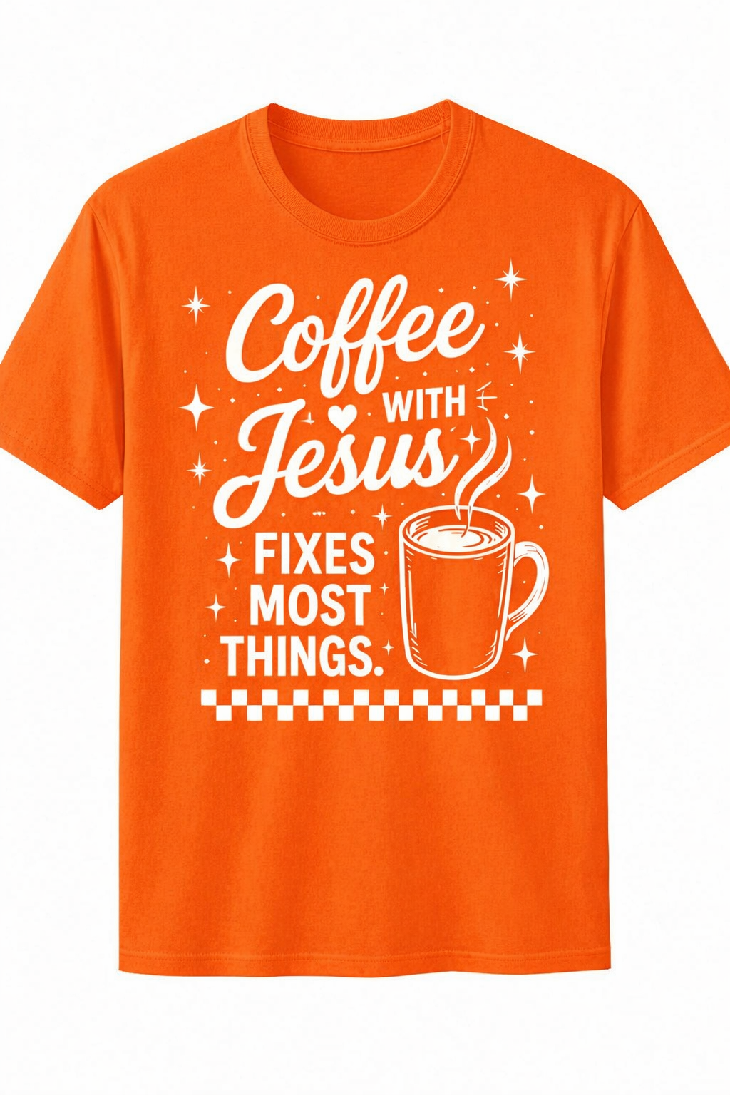 Orange Christian T-shirt featuring the "Coffee with Jesus" design inspired by Luke 10:39–42, encouraging believers to slow down and spend intentional time with Jesus each day.