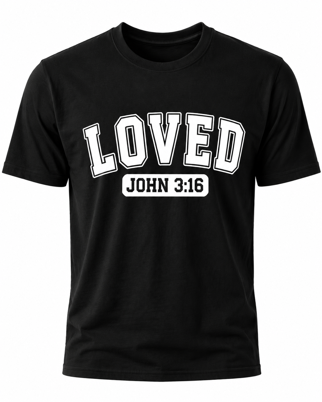 Black Christian T-shirt featuring the "LOVED" design inspired by John 3:16, reminding believers that God's love was demonstrated through the gift of His Son, Jesus Christ.