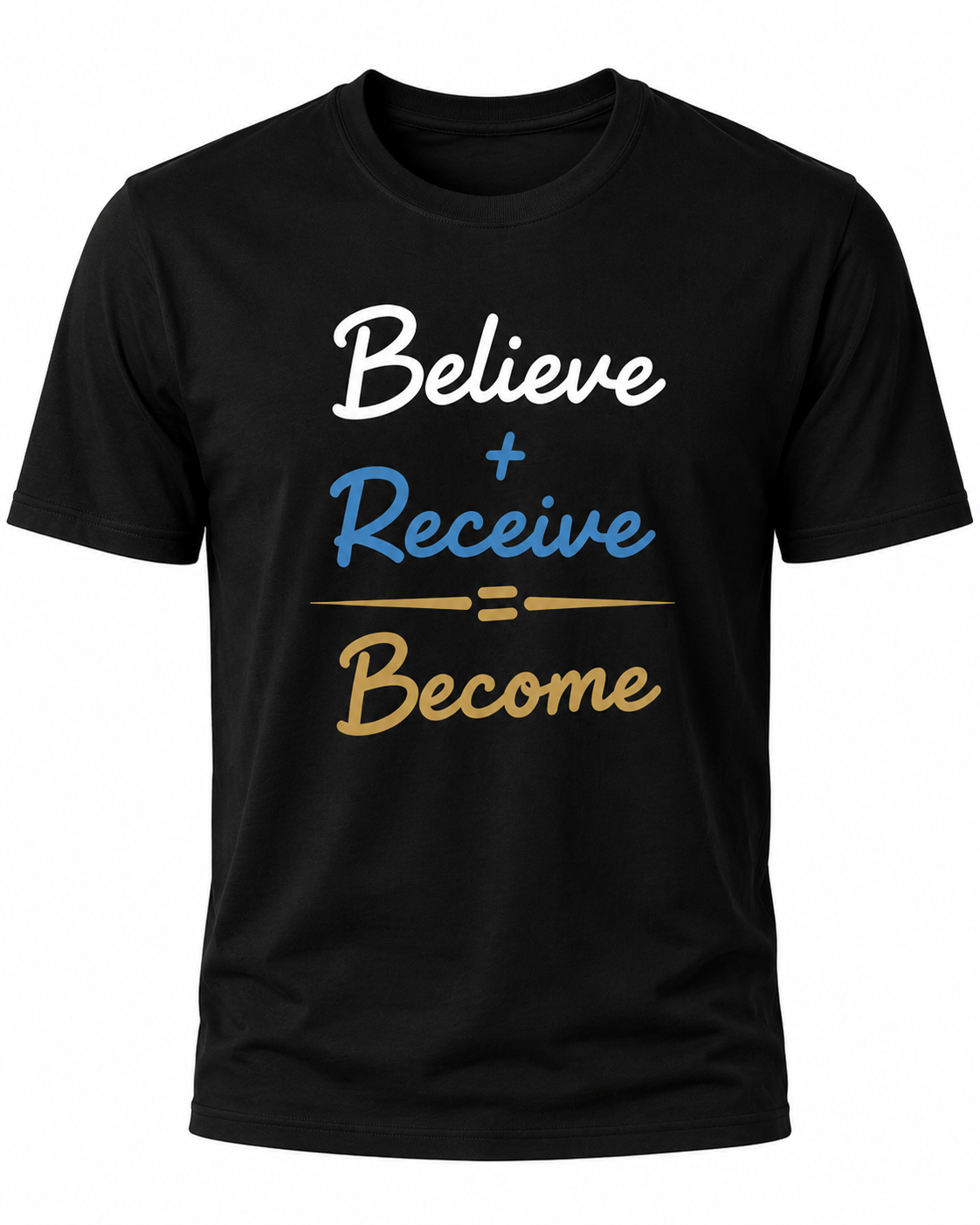 Black Christian T-shirt featuring the "Believe. Receive. Become." design inspired by Scripture, encouraging believers to trust God's promises and grow in their faith.