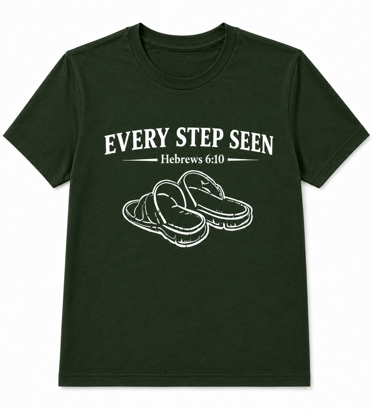 Dark Green Christian T-shirt featuring the “Every Step Seen” design, reminding believers that God sees, knows, and walks with them through every step of life.