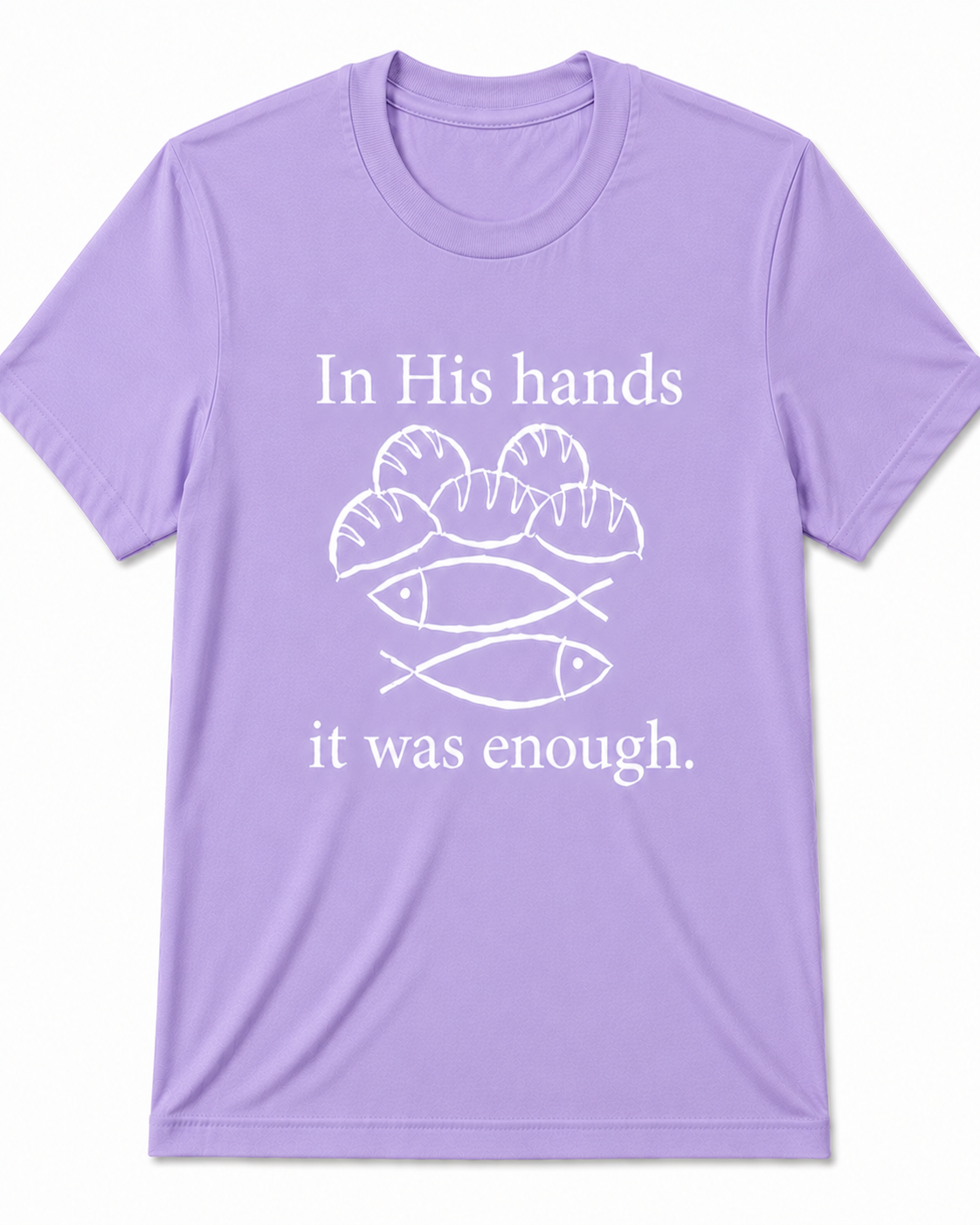 Light Purple Christian T-shirt featuring the "Fishes & Loaves" design inspired by Matthew 14:13–21, reminding believers that Jesus can multiply even the smallest offering for His glory.