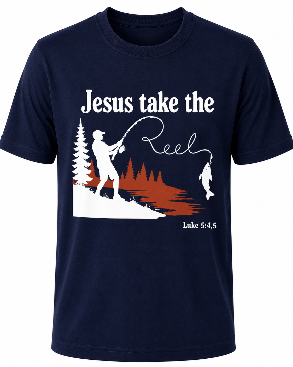 Navy Christian T-shirt featuring the "Jesus Take the Reel" design, encouraging believers to honor Christ in every aspect of life, including what they watch and share.