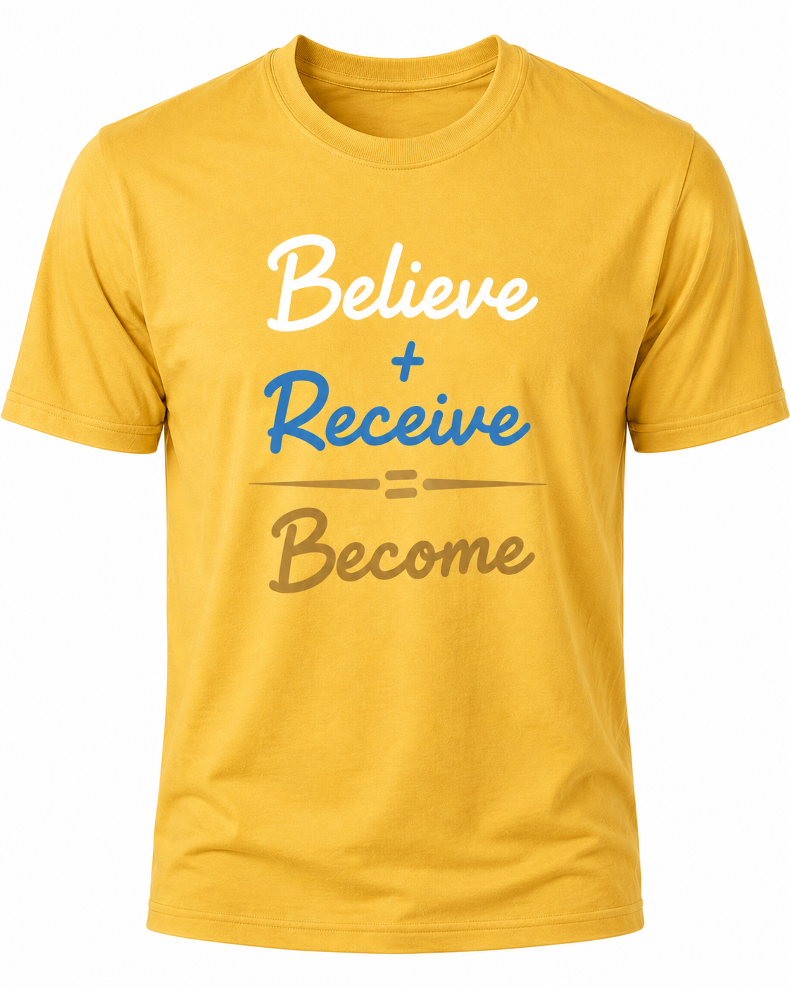 Mustard Christian T-shirt featuring the "Believe. Receive. Become." design inspired by Scripture, encouraging believers to trust God's promises and grow in their faith.