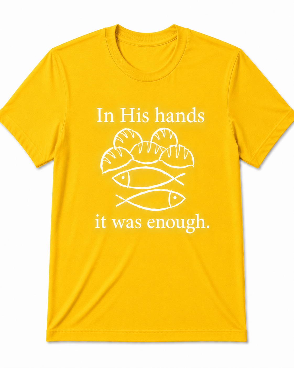 Yellow Christian T-shirt featuring the "Fishes & Loaves" design inspired by Matthew 14:13–21, reminding believers that Jesus can multiply even the smallest offering for His glory.